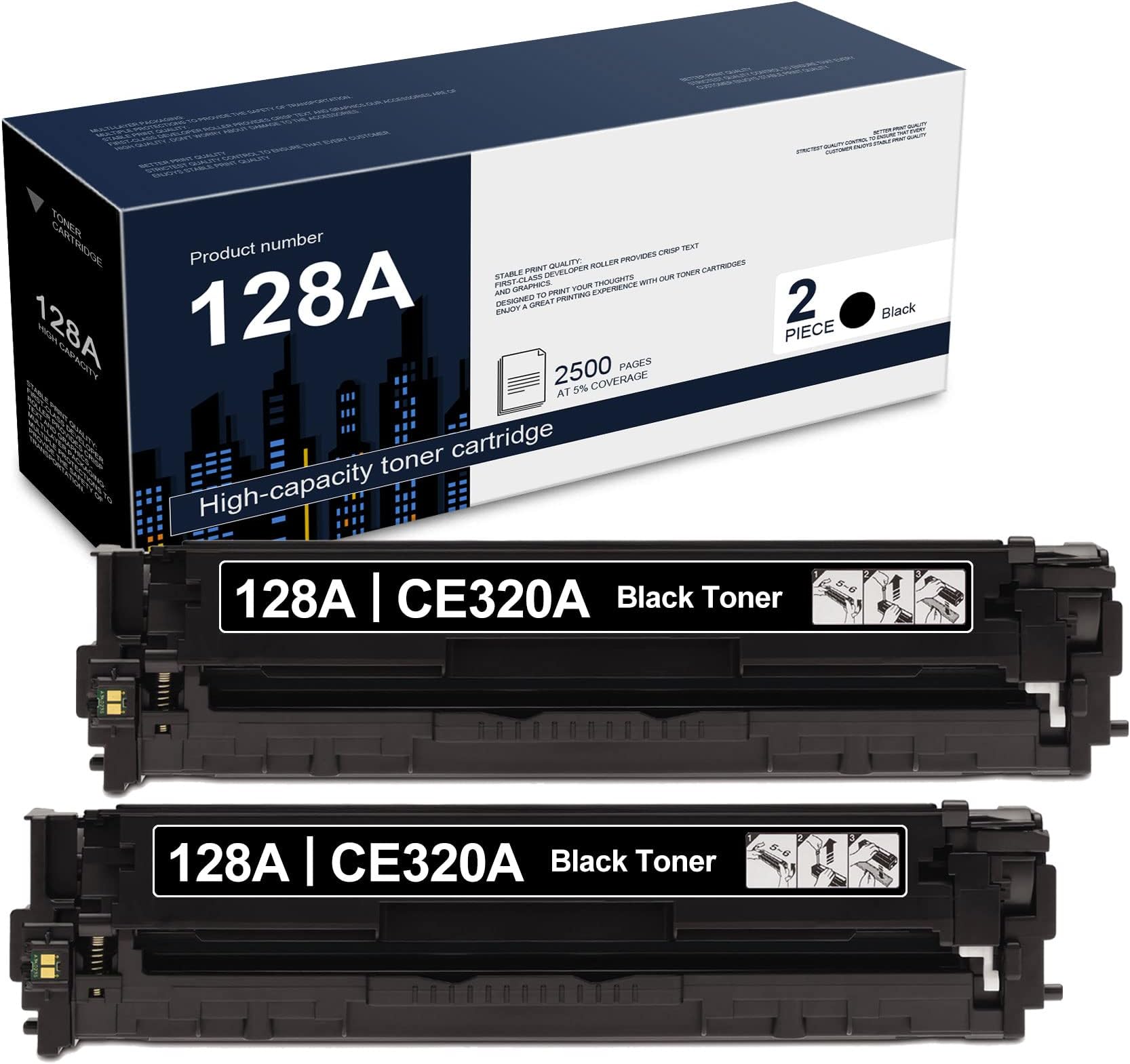 2 Pack Compatible 128A | CE320A High-Yield Black Toner Cartridge Replacement for HP CP1525n CP1525nw CM1415fn MFP CM1415fnw Printers