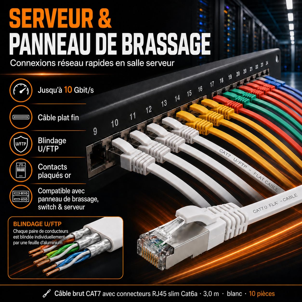 10x Câble Ethernet CAT7 plat 10m U/FTP 10 Gbit/s fiches RJ45 Cat6a rouge | Câble réseau LAN plat, flexible, LSZH pour box Internet, routeur, switch, PC, TV, console, modem, NAS et panneau de brassage.