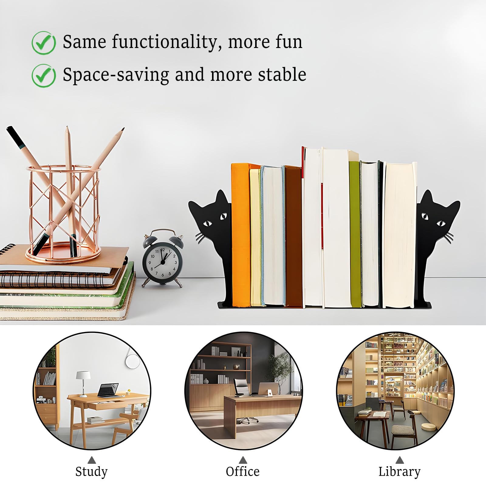 Jicyor Metal Bookends, Set of 2 Black Cats Bookends for Office and Home - Image 3