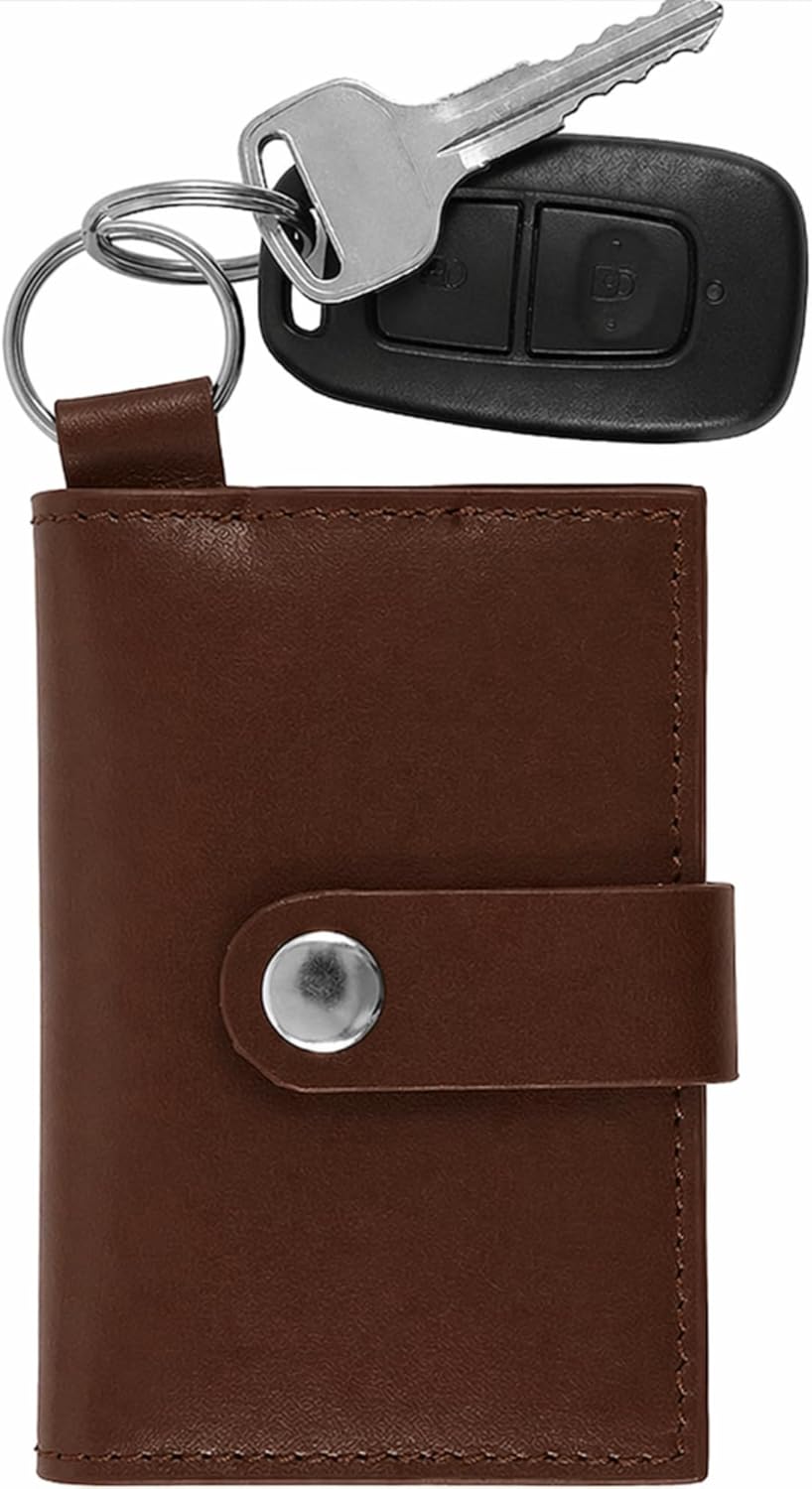 100% Genuine Leather Card Holder ID Window for Men & Women, Compact Key Organizer Case with Snap Button & Ring, Slim Pocket Size (Black, One Size)