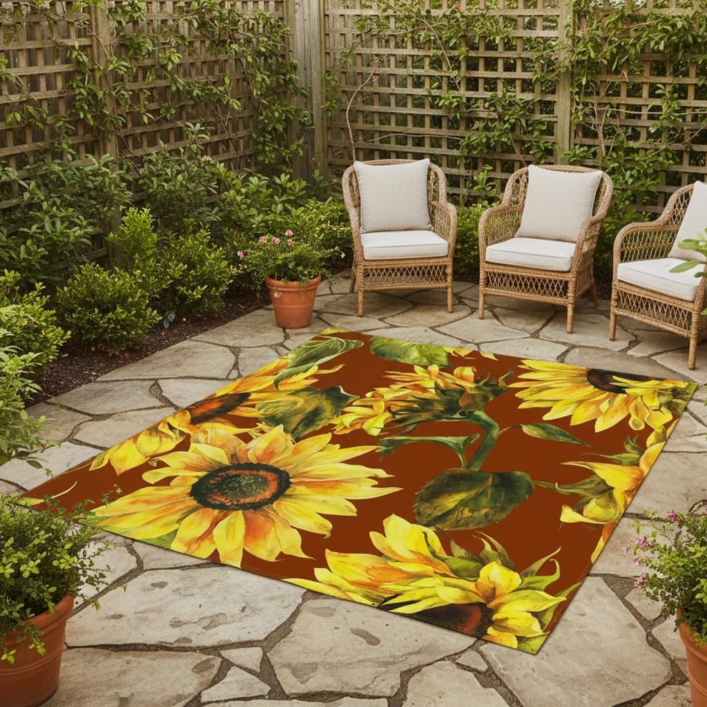 Burgundy Yellow Sunflower Modern Square Indoor Outdoor Area Rug for Patio Deck Backyard Balcony Washable Waterproof Floor Carpet Mat Livingroom Bedroom Laundry Rug 8x8