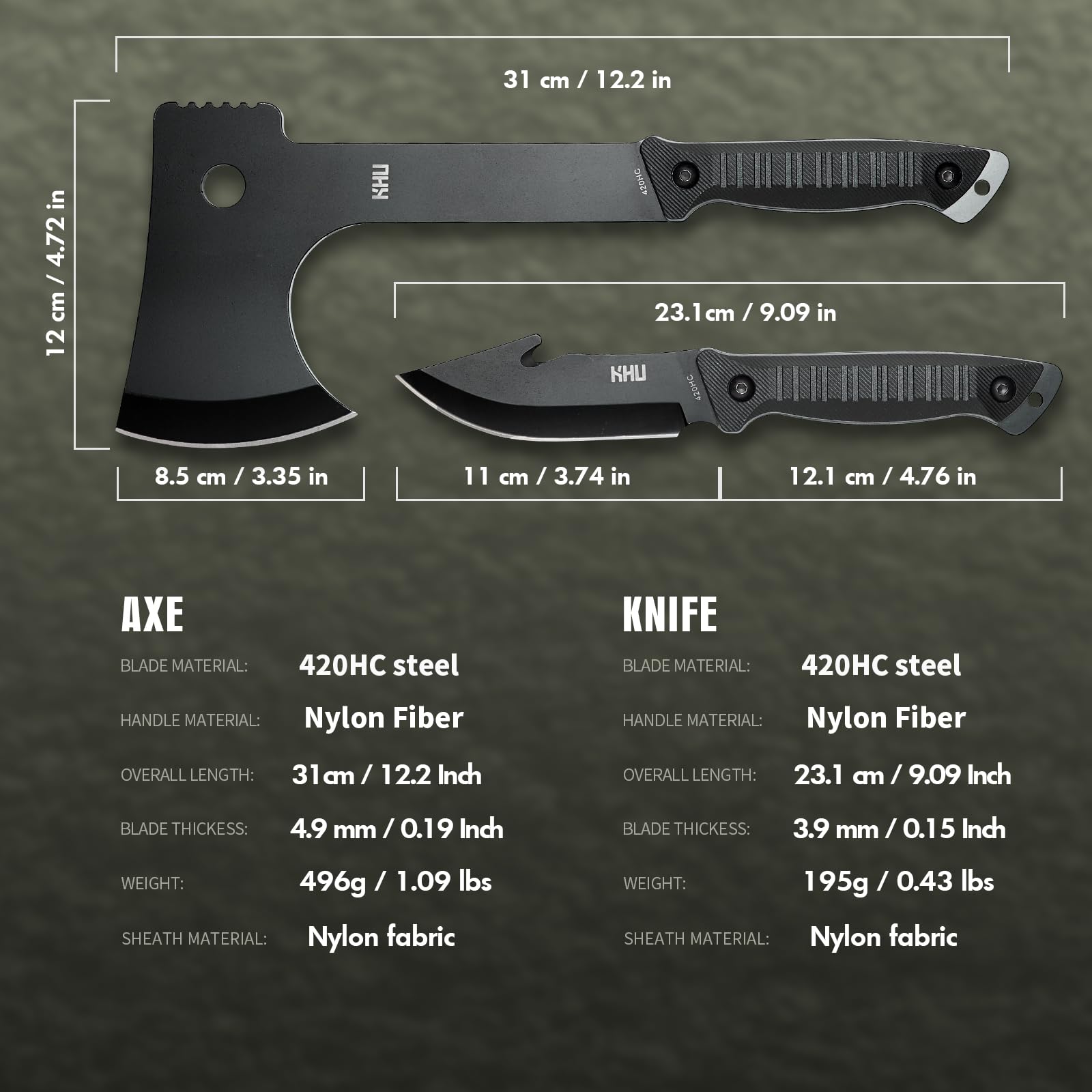 KHU 2 pcs 420HC Acciaio Ascia da campeggio Coltello da caccia - Coltello da campeggio sopravvivenza con fodero in nylon, Ascia da bushcraft per spaccare la legna Uso All'aperto caccia