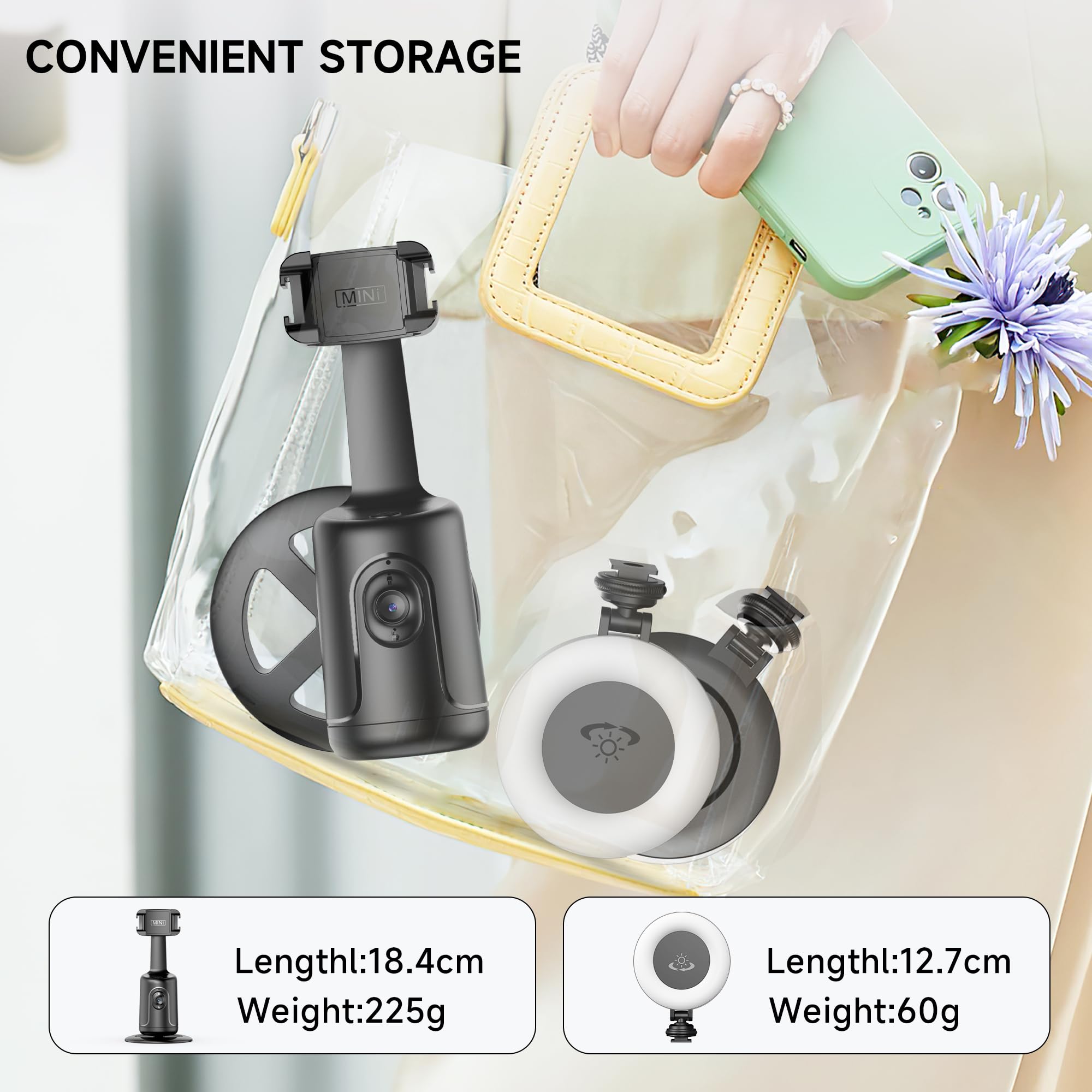 Auto Tracking Treppiede Smartphone con Luce Selfie, Supporto per Telefono Cellulare con Funzione di AI Tracciamento 360°del Viso e Telecomando, Stabilizzatore Gimbal Bastoni Selfie per iPhone/Android