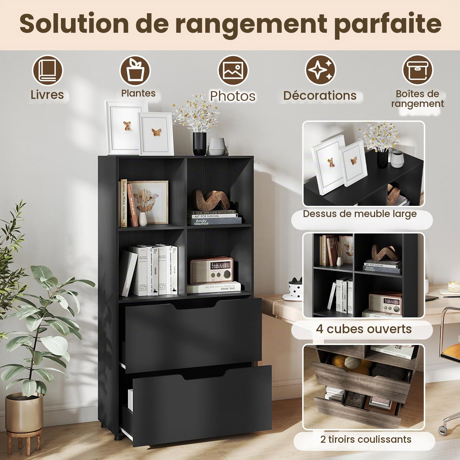 KOMFOTTEU Bibliothèque Bois 4 Cubes avec 2 Tiroirs, 70x33,5x130 cm, Noir