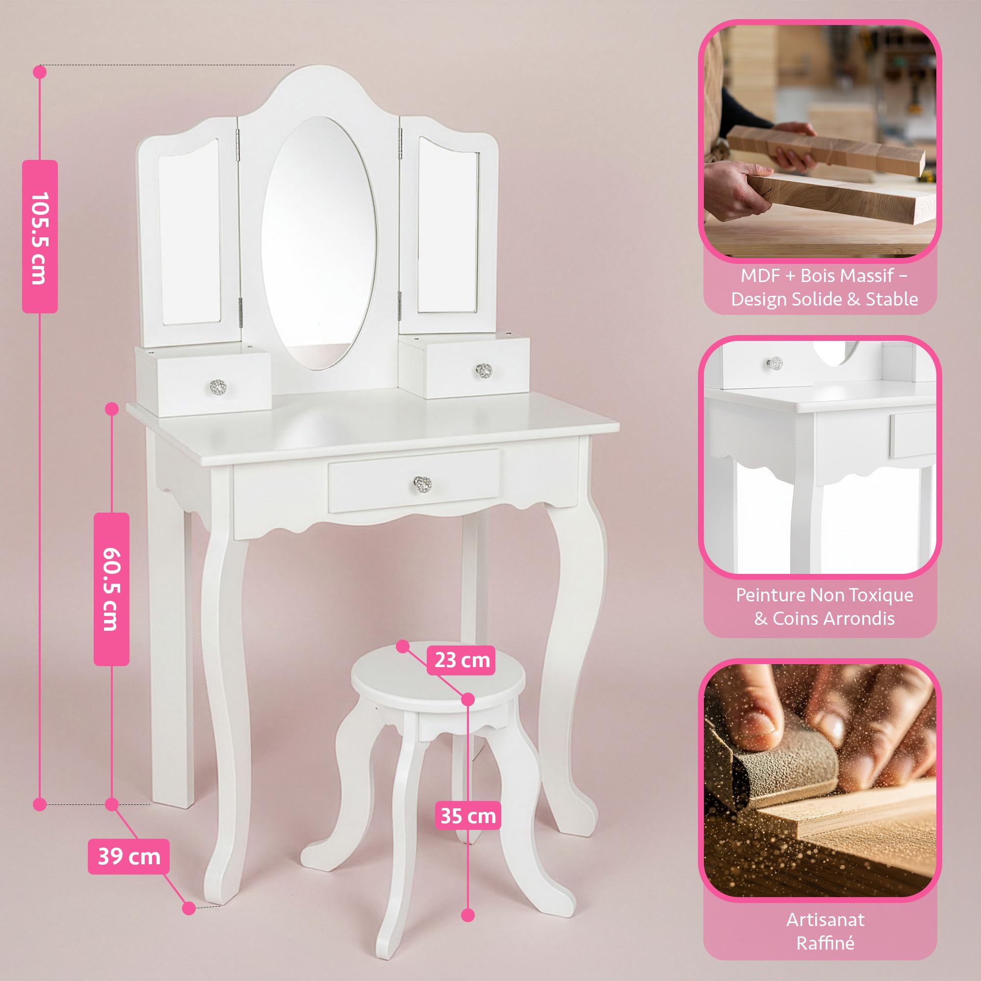 Green series Kinderplay Grande Coiffeuse en Bois pour Fille avec Miroir – Coiffeuse Blanche pour Enfants