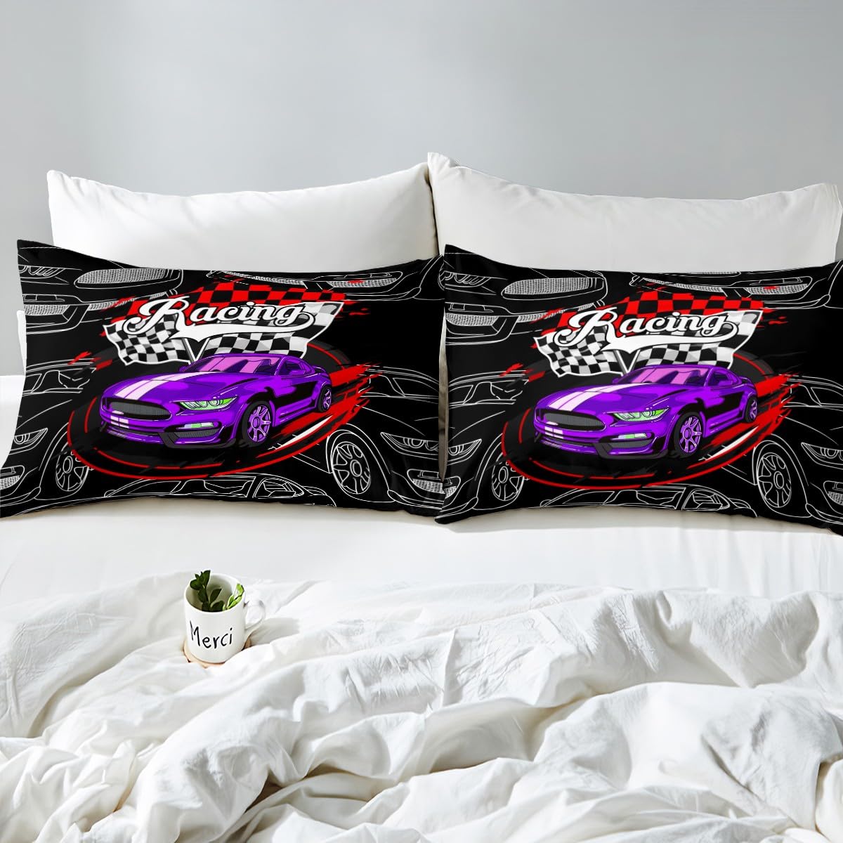 Race Car chłopięca poszewka na kołdrę w rozmiarze L, Racing Extreme Sport, fioletowa, zestaw dla dzieci, ręcznie rysowany, czerwony, czarny, biały, sprawdzony miękki pokrowiec na zamek