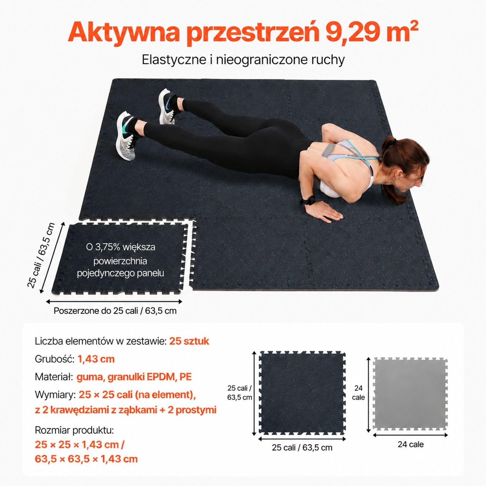 Zestaw 25 łączonych mat podłogowych z gumy i pianki EVA, czarno-niebieskie, do siłowni i fitnessu