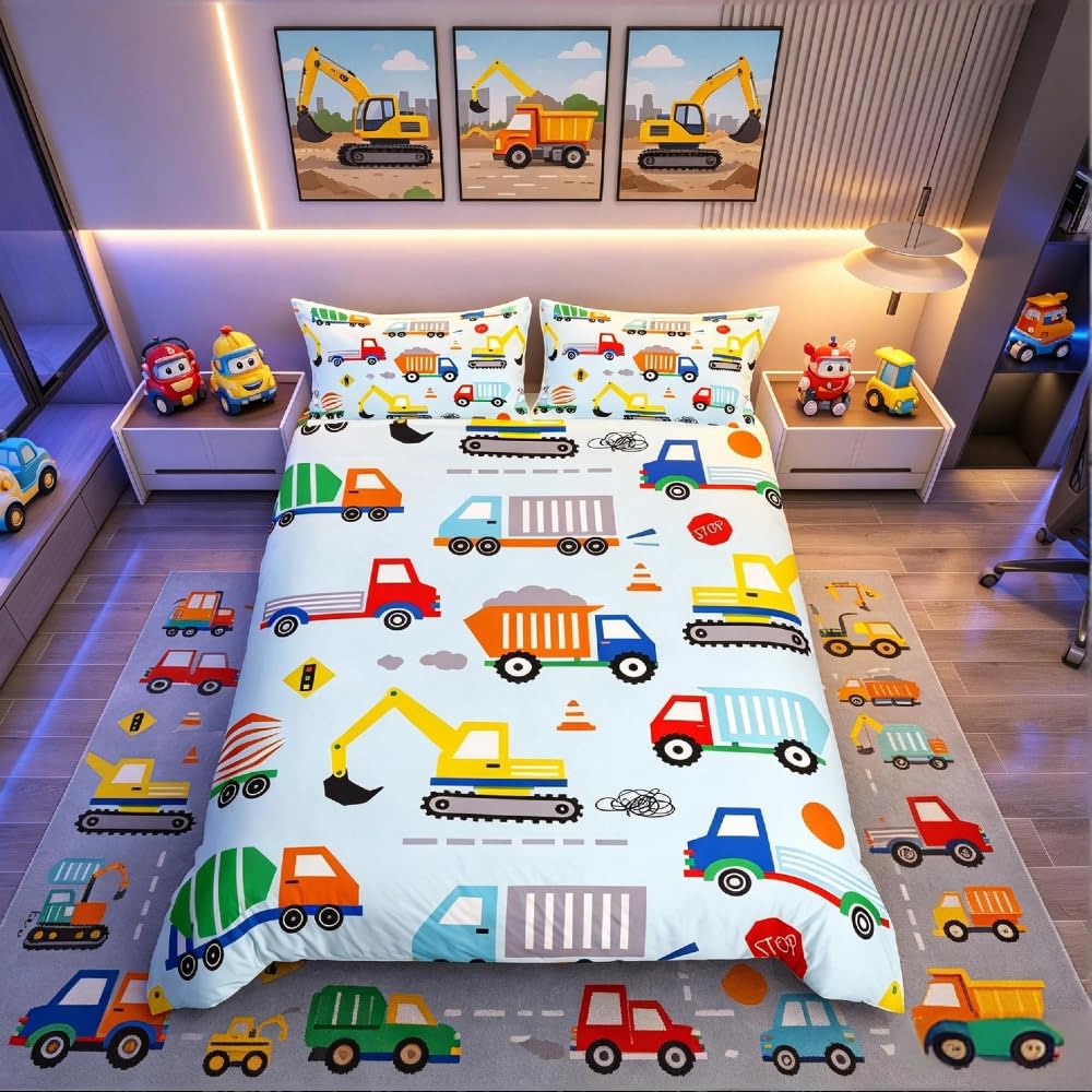 Homemissing Cartoon Construction Bedding Set Equipment Trucks Comforter Cover Set for Kids Teens Car Excavator Tractor Duvet Cover Construction Vehicles Bedspread Cover Room Decor Single Size