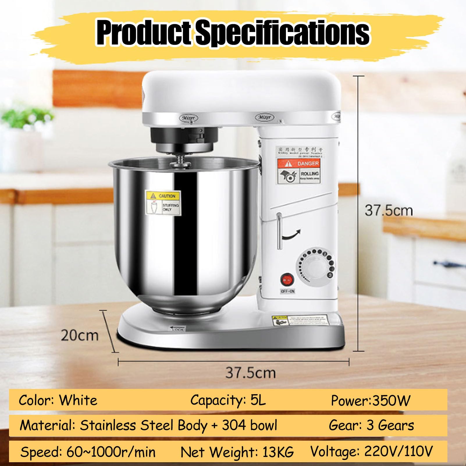 Robot da Cucina Elettrico da 500W, Robot da Cucina A 3 velocità, Robot da Cucina Domestici con Gancio per Impastare, Frusta E Sbattitore, per Torte da Cucina Professionale White-5L