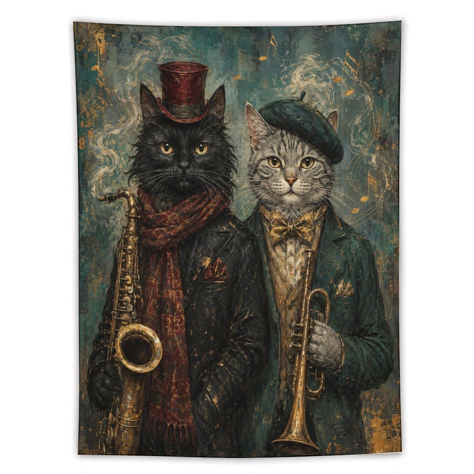 W7C8U2X3 Vintage Musician Cats Wall Tapestry, Realistic Illustration, Bed