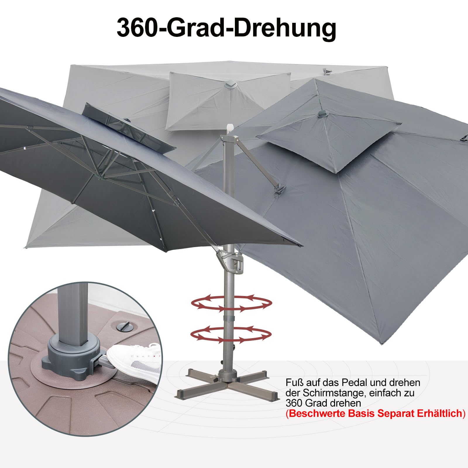 LKINBO Sonnenschirm 300 x 400 cm Rechteckig mit Ständer und Kurbel, Groß Ampelschirm Terrassenschirm 360°Drehbar Parasol Windfest Gartenschirm Wasserdicht Marktschirm für Garten Deck Outdoor, Grau