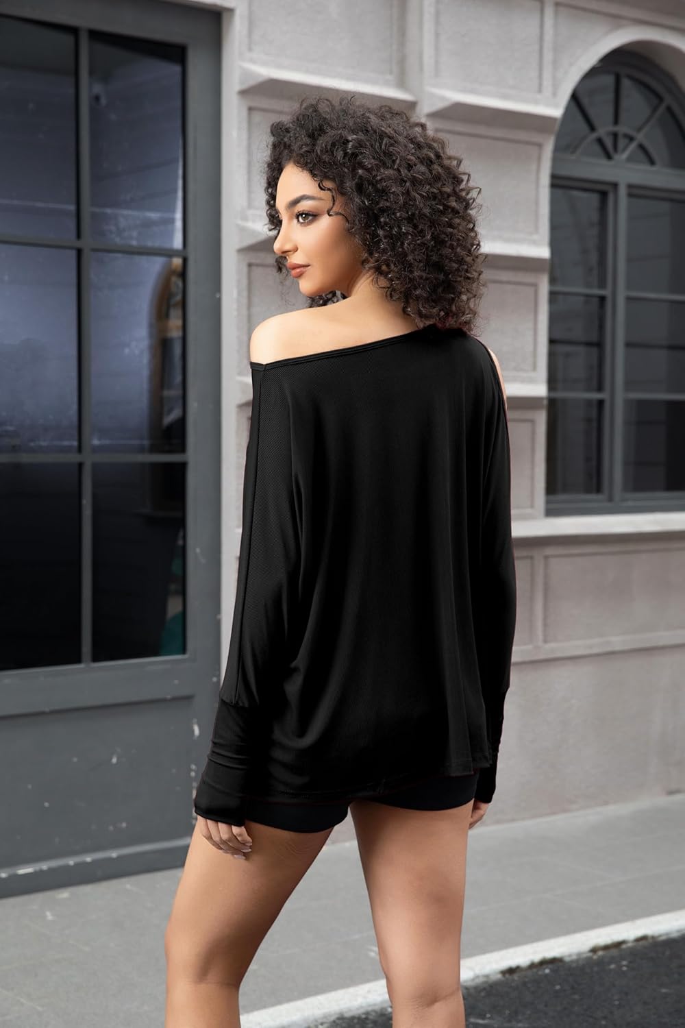 Women’s Off The Shoulder Tops Oversized Long Sleeve T-Shirts 2025 Loose Casual Basic Tees Batwing Sleeve Tops