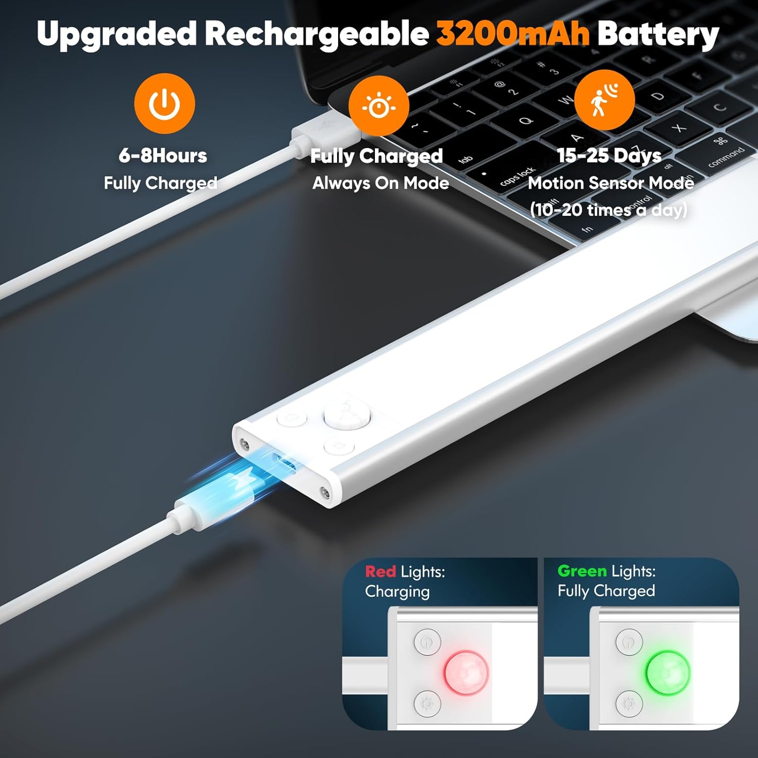 Close-up of the Brightever light being charged via USB-C, showing red and green indicator lights for charging status.
