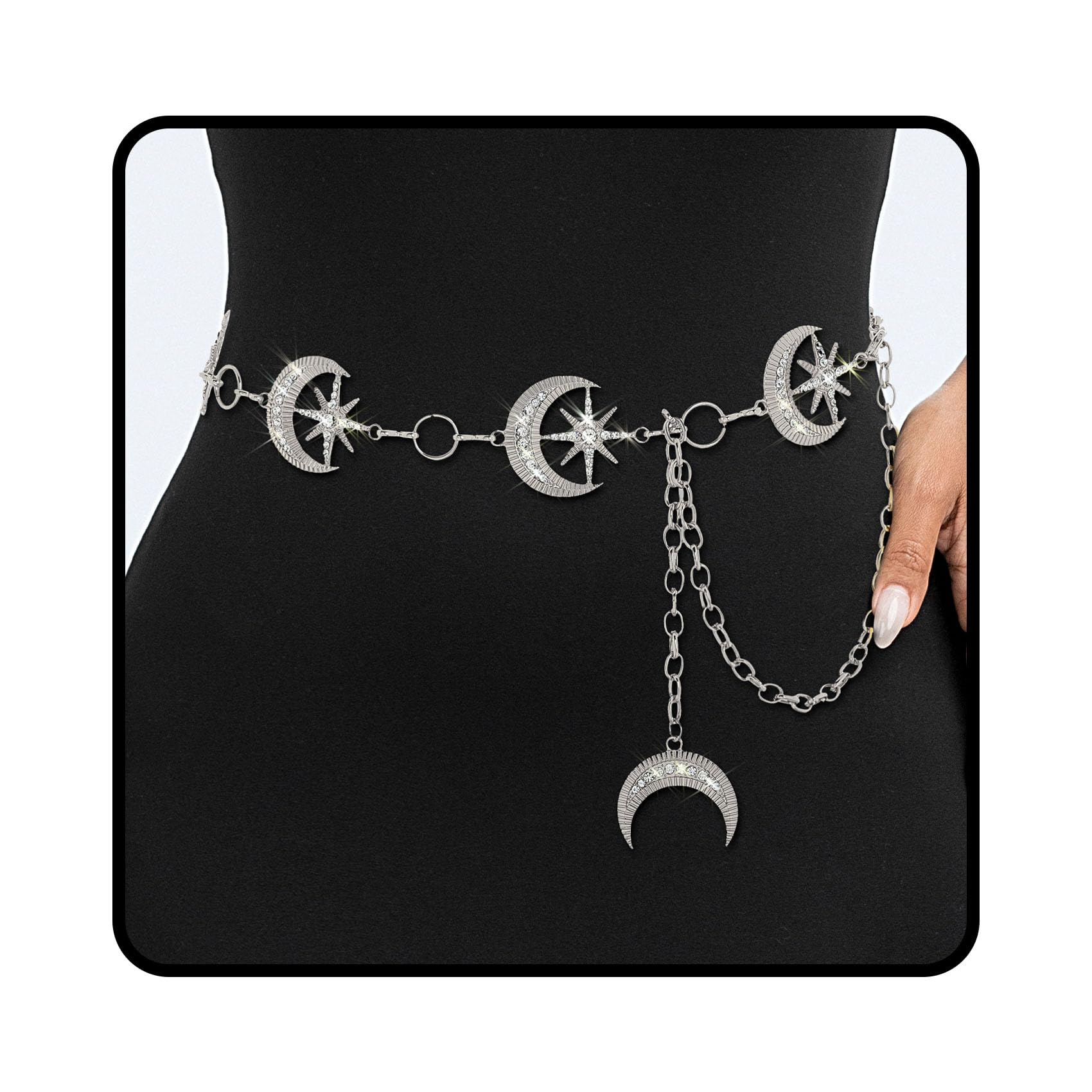 ELABEST Rhinestone Moon Chain Belt Sparkly Star Waist Chain Adjustable Body Jewley for Women Dress Belt Accessory