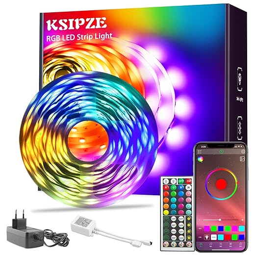 Ksipze Led Chambre Bluetooth 10M Ruban Led Lumière Led Décorative Multicolore, Bande Led, Rgb Guirlande Lumineuse Dimmable avec Télécommande, Ruban Auto-adhésif