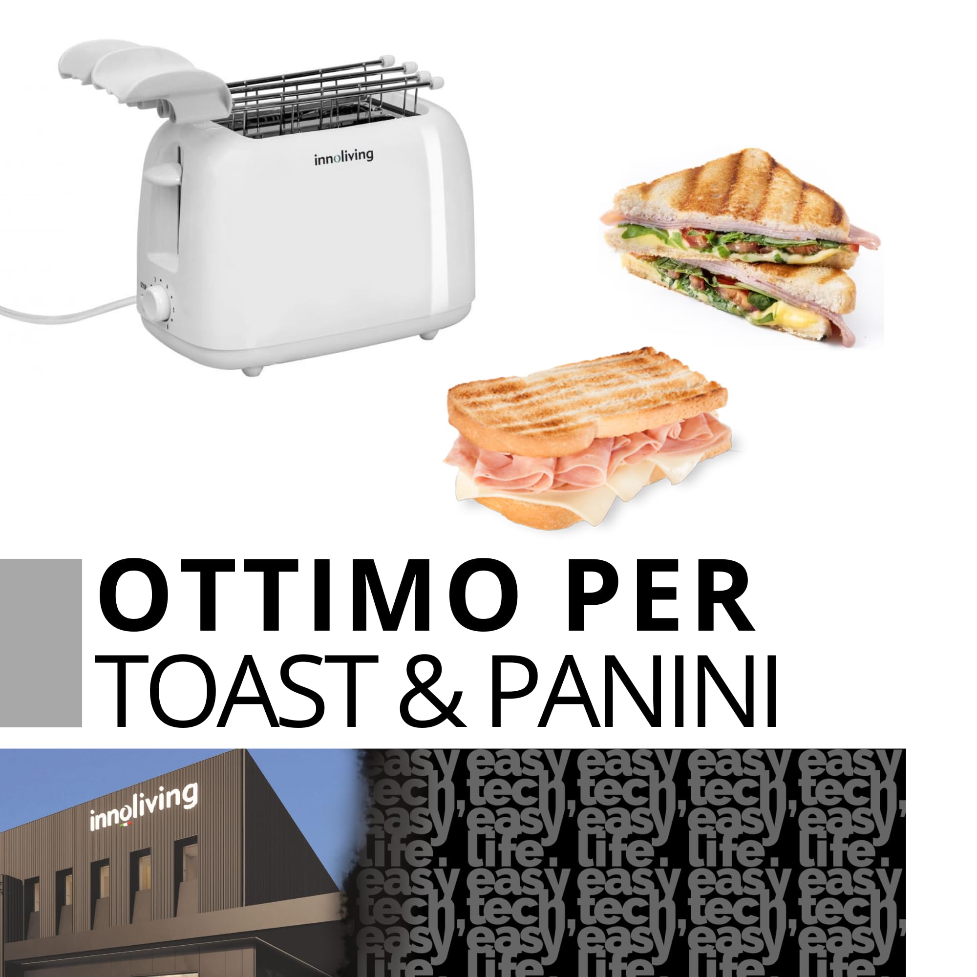 Innoliving Tostapane con Pinze INN-742, 700W, 6 Livelli di Doratura Regolabili, Funzioni Scongelamento e Riscaldamento, Design Compatto, Facile da Usare e Pulire, Perfetto per Toast Croccanti