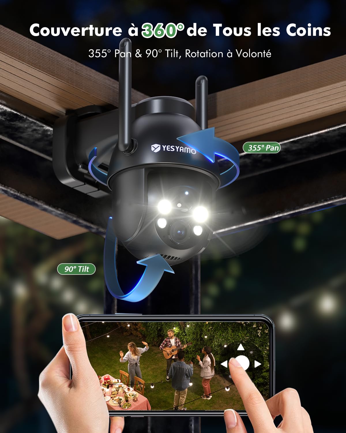 YESYAMO 2K Camera Surveillance WiFi Exterieure sans Fil Solaire, Panneau Solaire, 355° PTZ, Vision Nocturne Couleur, Audio Bidirectionnel, PIR Sirène Noir