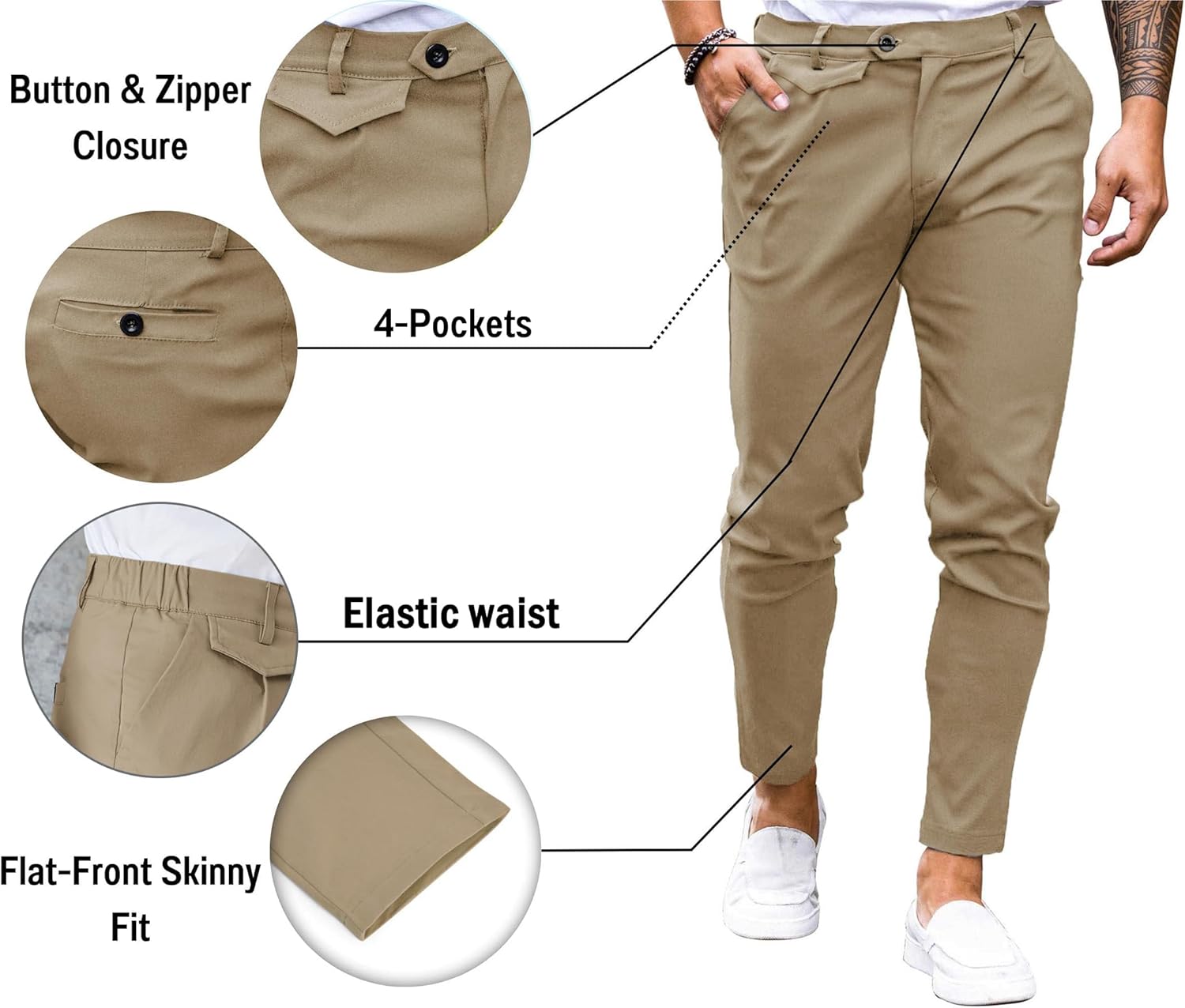 Mens Chinos Slim Fit Pants Flat Front Stretch Skinny Tapered Dress Pants Comfort Casual Solid Trousers - Image 4