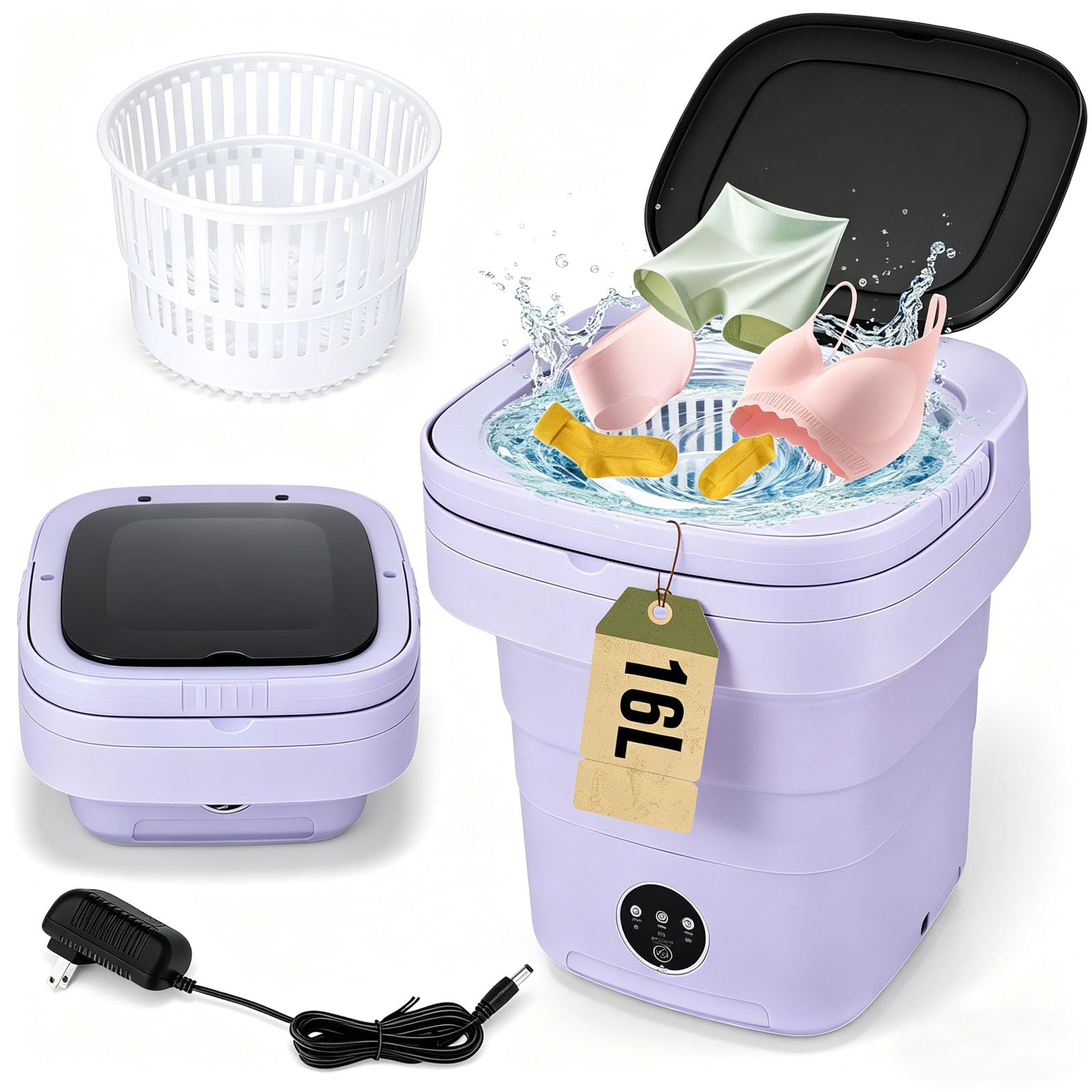 Photo 1 of Mini Washing Machine 16L Foldable Small Washer for Underwear, Socks, Baby Clothes - 3 Cleaning Modes with Spin Dryer Basket Ideal for Apartment, RV, Travel, Dorm
