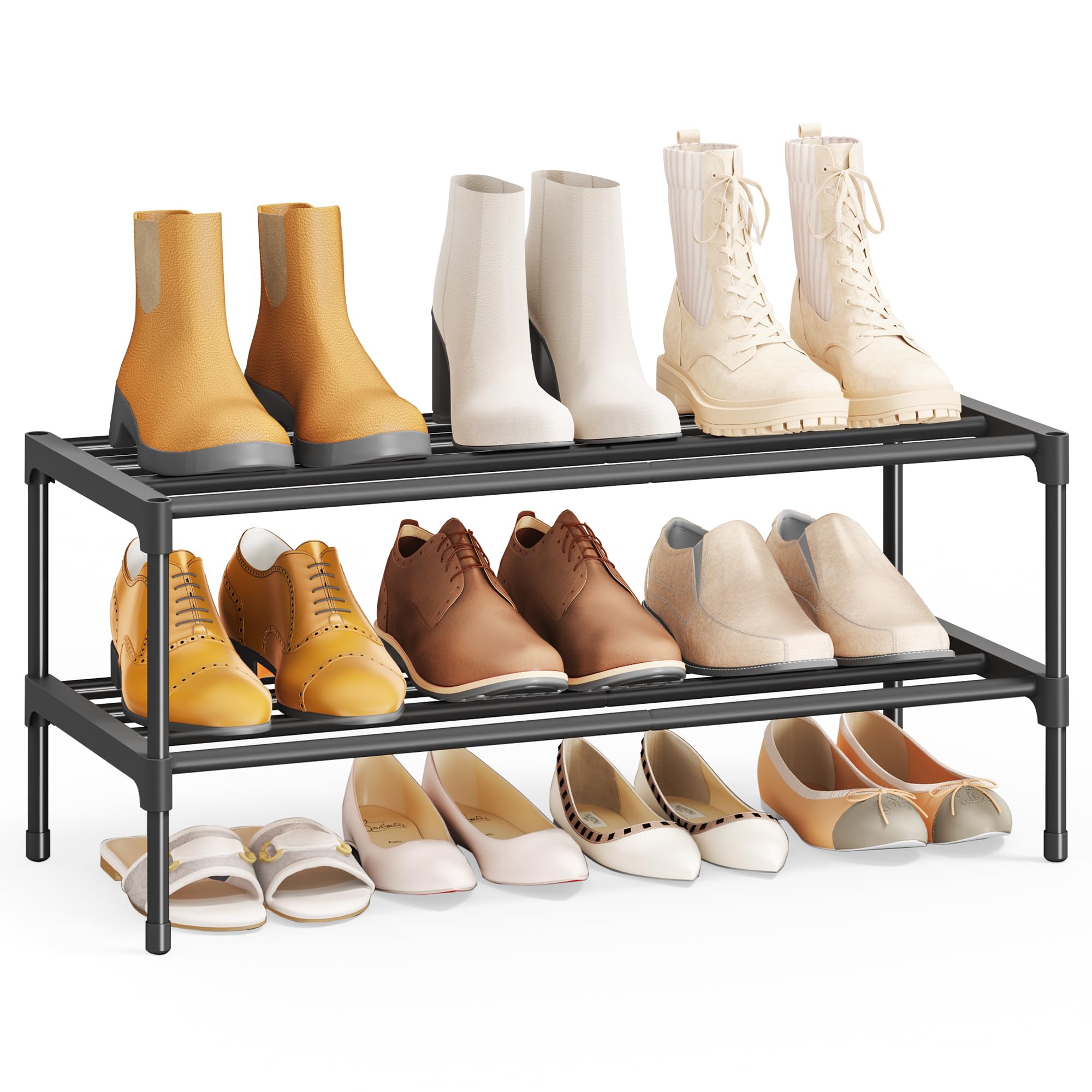 SONGMICS 2-Tier Shoe Rack for Closet, Compact Metal Shoe Organizer Shelf for Entryway, Bedroom, Small Spaces, Stackable, 30 x 62.3 x 31 cm, Black ULSA122BH01