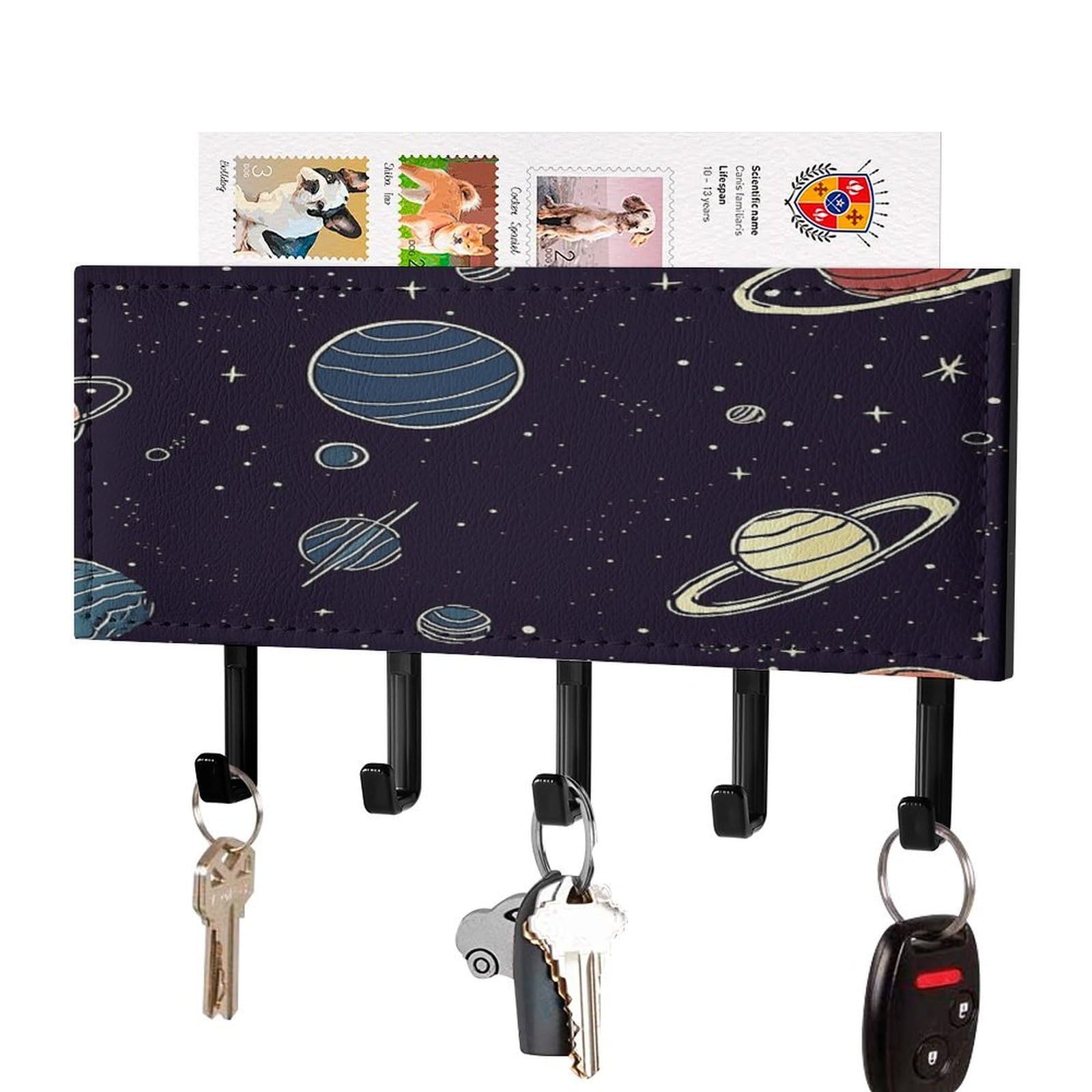 FekiLoot Space Planet Pattern Key Holder for Wall Decorative Mail Organizer with 5 Key Hook Self Adhesive Key Rack with Tray Coat Rack Wall Mount Key Hanger Decor for Entryway Door