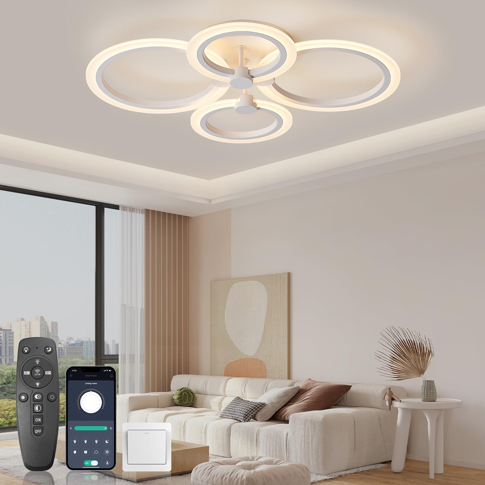 KSIBNW Lámpara de Techo LED Regulable Moderna, Plafon LED Techo 36W con Mando a Distancia & Control APP Lampara Techo 4 Anillos Blanco Plafones para Sala De Estar Comedor Pasillo, 2700K-6500K