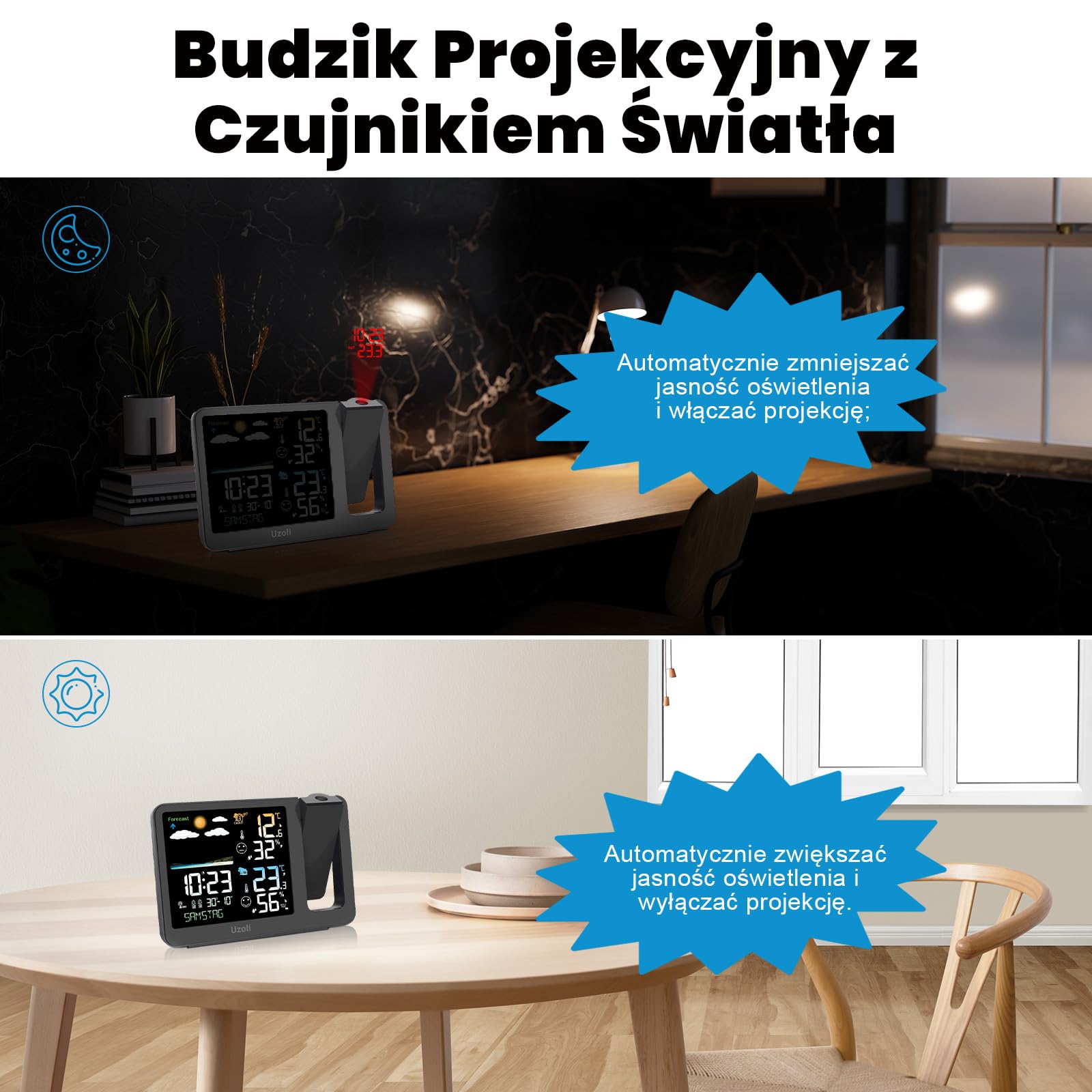 uzoli Budzik projekcyjny stacja pogodowa, WWVB Atomowy zegar projekcyjny z czujnikiem, regulowane podświetlenie, temperatura i wilgotność wewnątrz i na zewnątrz, cyfrowy zegar projekcyjny na sufit w