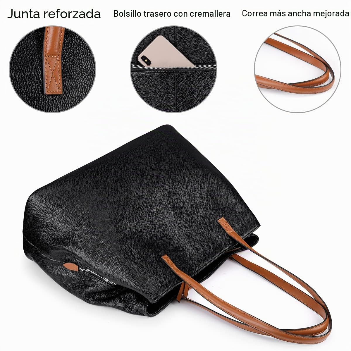 S-ZONE Bolso de mano de piel auténtica suave para mujer de gran capacidad Bolso bandolera para portátil de 13"