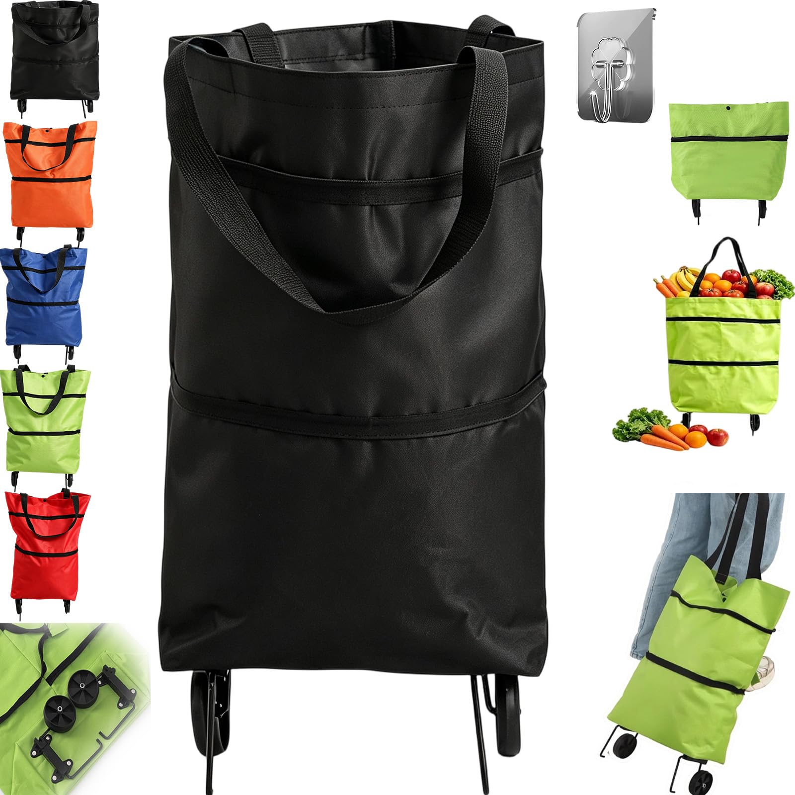 2-in-1 Foldable Shopping Cart with Wheels Lightweight Grocery Trolley，Black