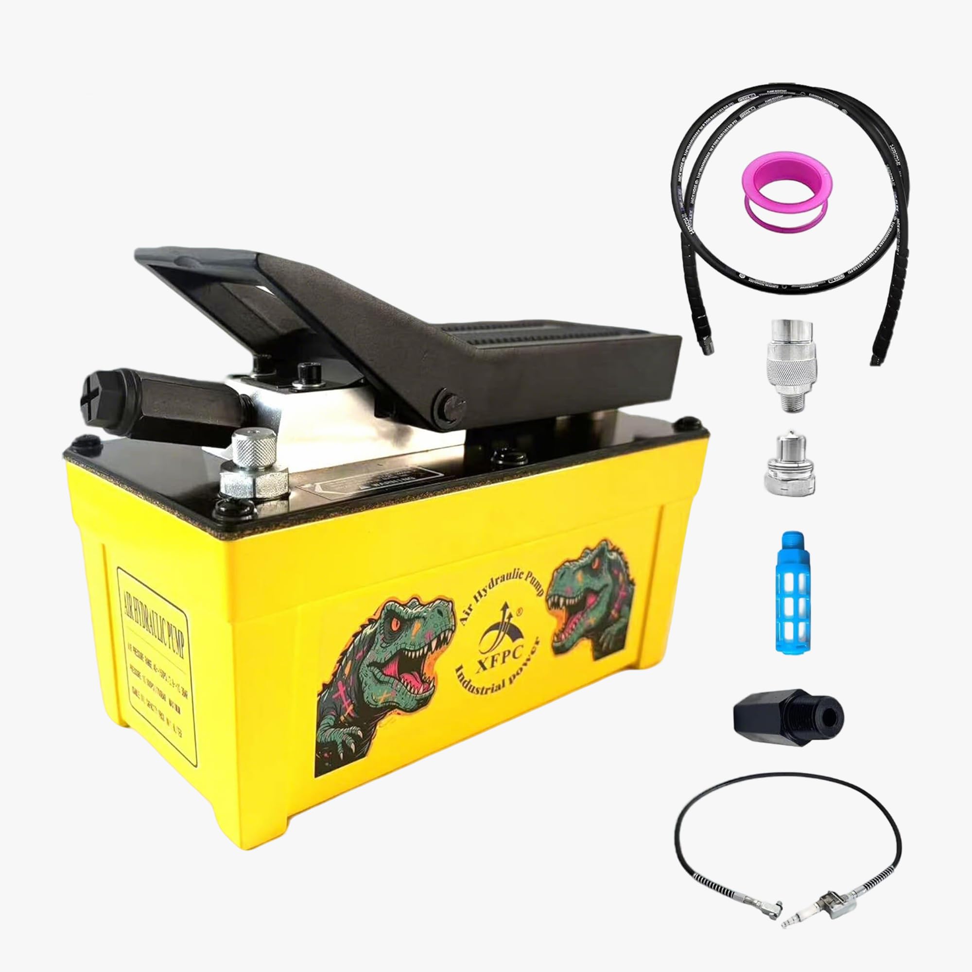 Air Hydraulic Pump 0.45 Gal 10,000 PSI Reservoir NPT 3/8" Oil Outlet, NPT 1/4" Inlet, Air Hydraulic Foot Pump Made of Aluminum with 6.6ft Hydraulic Hose and 4.1ft Pneumatic Hose, Yellow