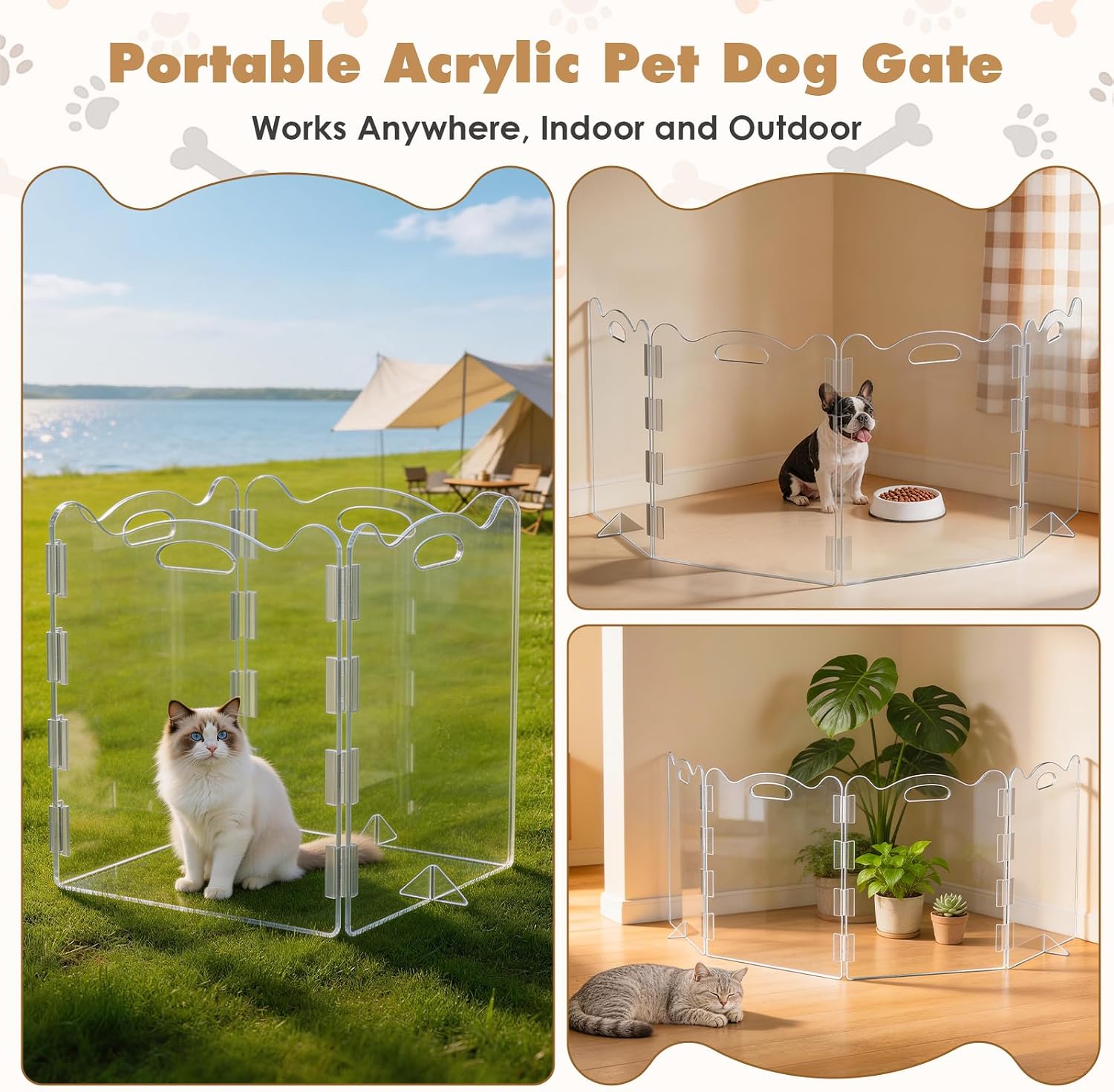 Clear Acrylic Freestanding Dog Gates, 4 Panel - 80''W x 24''H, Foldable Pet Gate with Upgraded Hinges & Stable Support Feet for Indoor Doorways, Stairs and Halls, Pet Barrier for Small Dogs Cats
