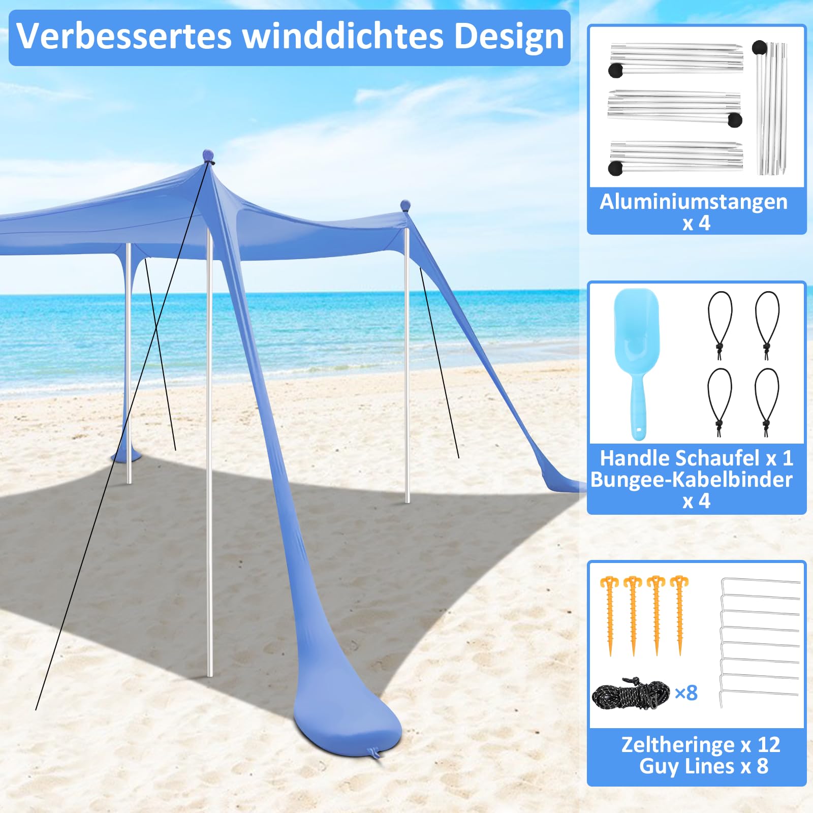 Riggo Tienda de playa, toldo SPF 50+, 3 × 3 m, con pala de arena, piquetas y barras de estabilidad, protección contra viento y sol, camping, pesca, diversión
