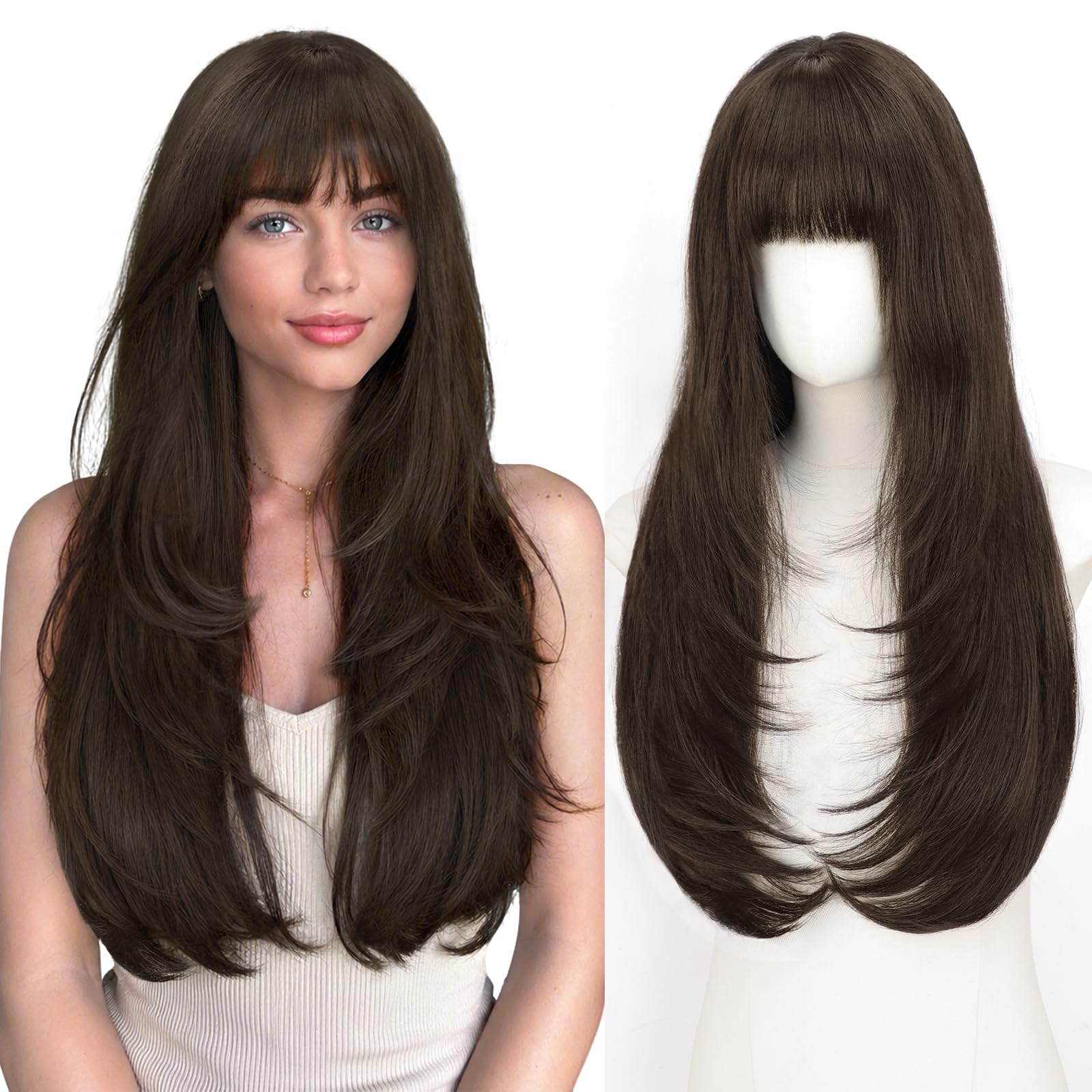 Photo 1 of ALXNAN Hair Toppers For Women with Thinning 3D 360°Cover,26Inch Mocha Brown Long Straight Layered Clip In Synthetic hair topper with Bangs