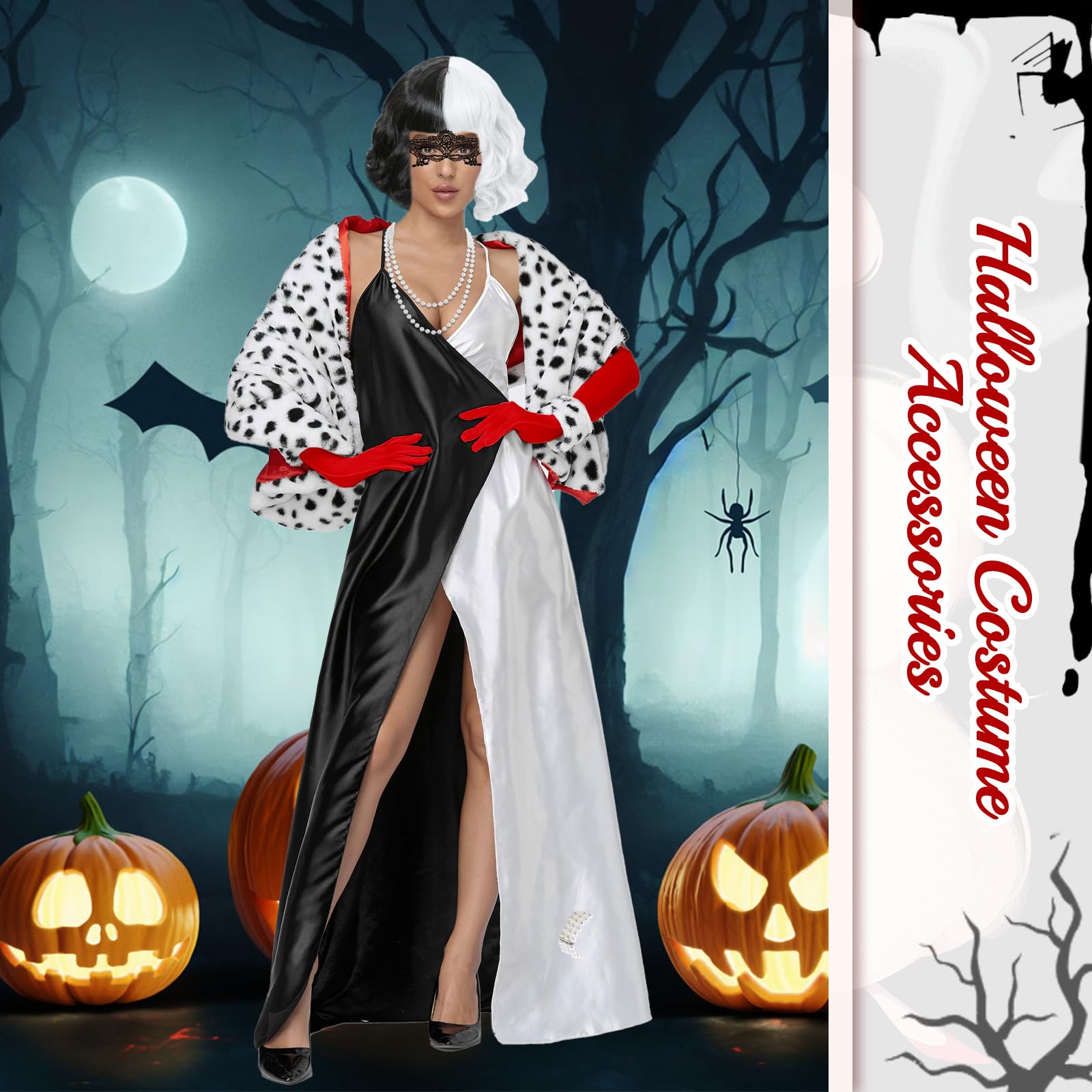 9 sztuk Cruella Zestaw cosplay dla kobiet, czarna i biała peruka, diabelski strój z peruką, maską, perłami, bransoletkami, rękawiczkami, szalikiem, papierosem i siatkowymi rajstopami na karnawał