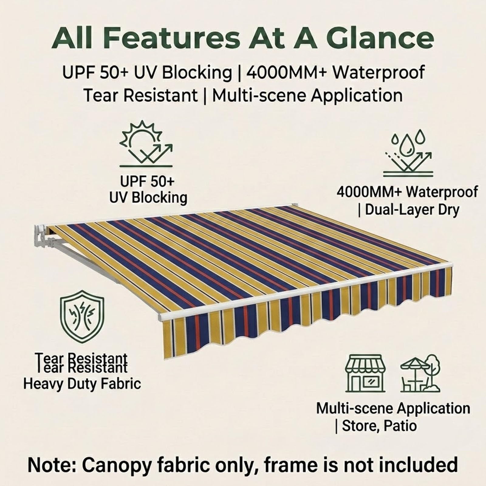 Toile de Rechange pour Store Banne Rétractable, Toile de Store Extérieur Imperméable pour Terrasse et Porche, Bâche de Protection Anti-UV sans Armature