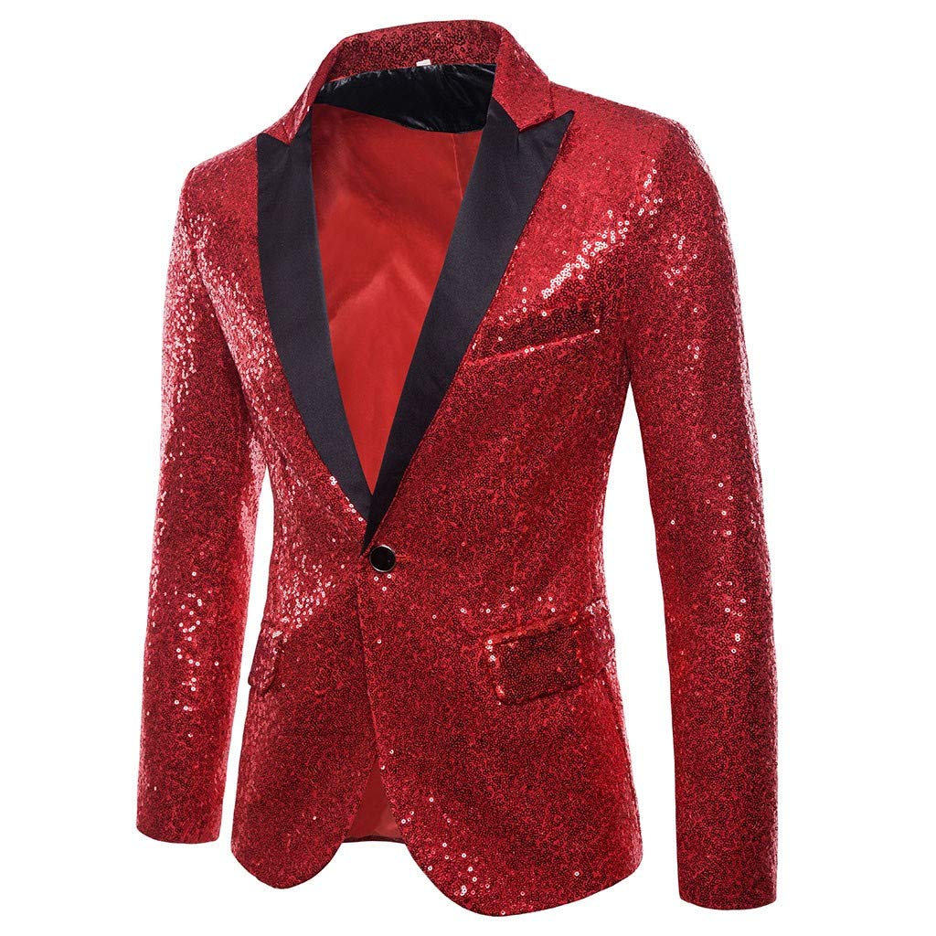 Men's Shiny Classic Lapel Show Dress Blazer Sequin Nightclub Suit Glitter Tuxedo Blazer Wedding Cocktail Party Coat Jacket One Button Wedding Prom Tuxedo Slim Fit Party Dinner Suit - Red -M