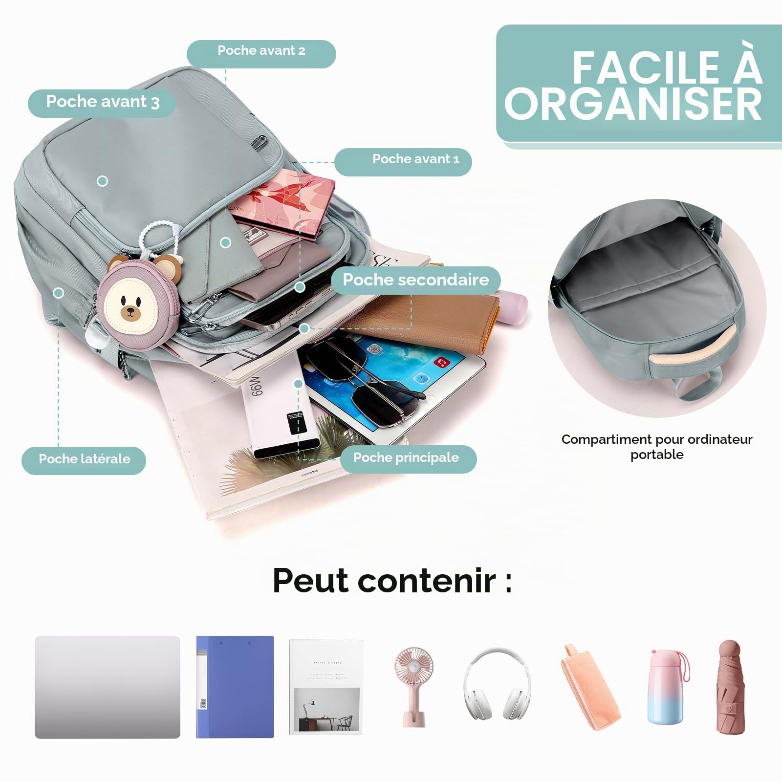 Amythe Sac à Dos pour Enfants de L'école Primaire CM1 CM2, 40L Cartable Fille Collège, Grand Sac Ecole pour Filles de 10 à 18 Ans avec Joli Porte-monnaie, Adapté aux Chariot