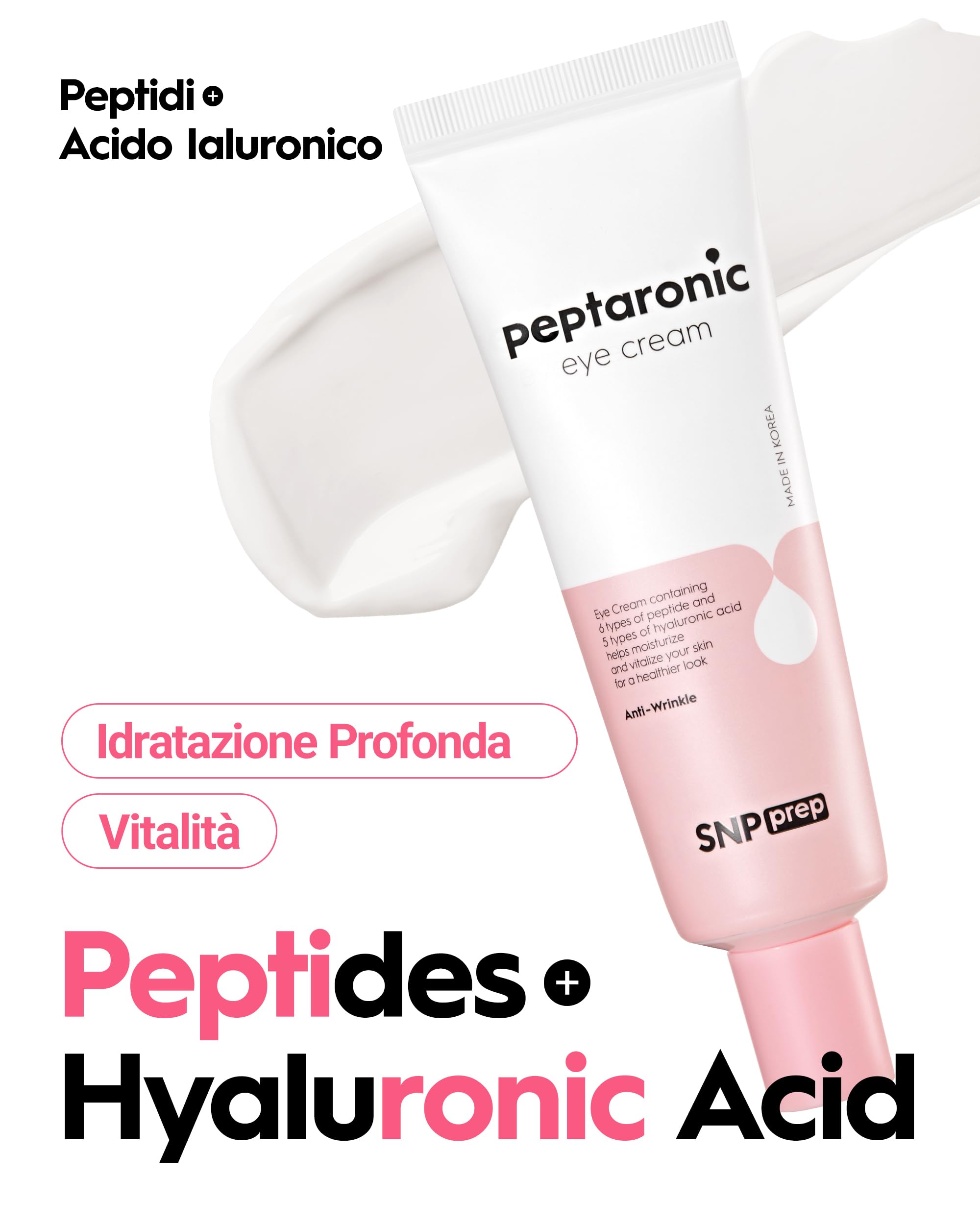 Crema occhi SNP Prep Peptaronic – Idratante anti-età coreano per occhi e viso con 6 peptidi e 5 tipi di acidi ialuronici per la cura delle rughe, il miglioramento dell'elasticità, 25ml.