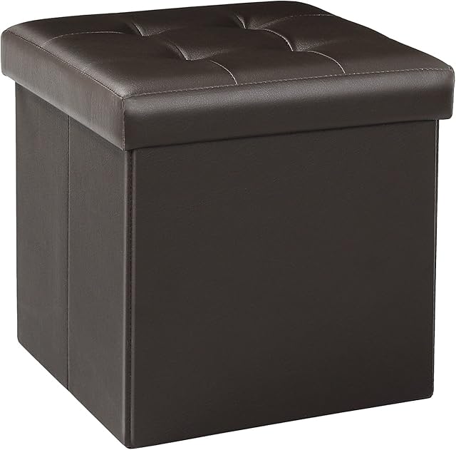 Bonlife Folding Storage Chest Ottoman Faux Leather Cube Foot Rest Stool Soft Small Storage Box with Lid,Brown,32 x 32 x 32 cm