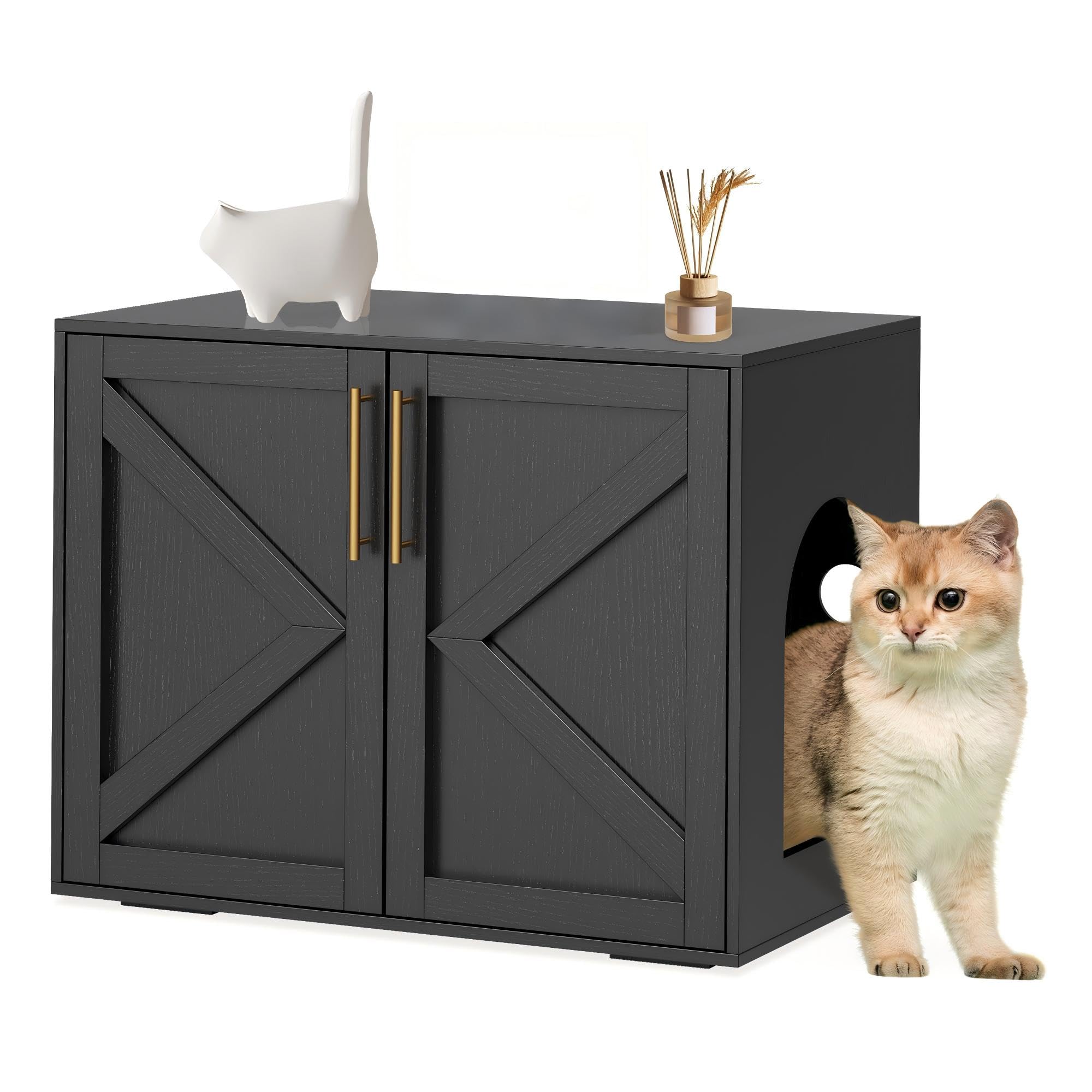 Garvee Mobile Copri Lettiera Per Gatti in Legno, Nero | Lettiera nascosta con anta stile fienile, controllo odori e ventilazione - Tavolino laterale, box interno ampio