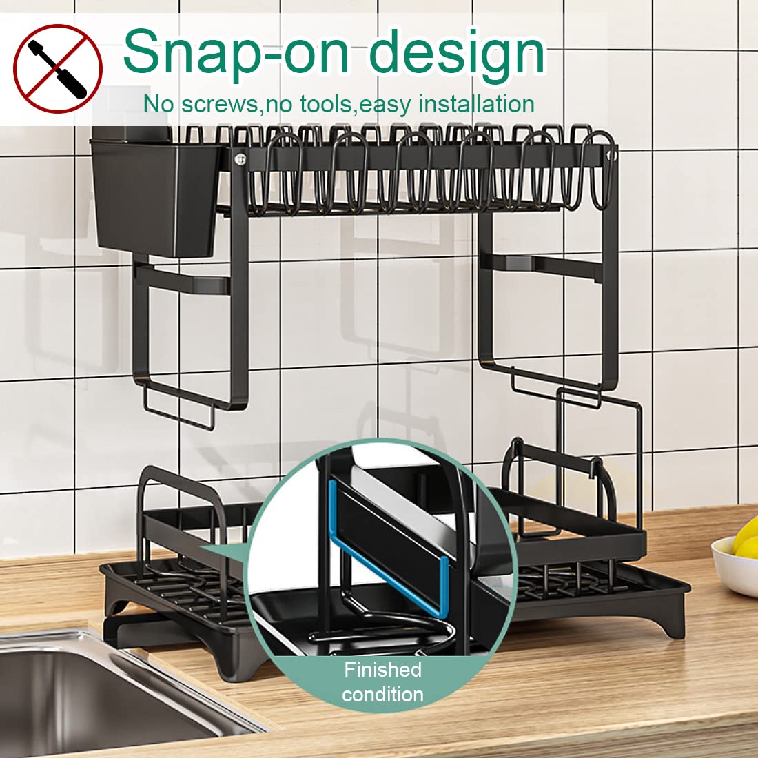 Escurridor de platos de 2 niveles, vajilla inoxidable duradera de gran capacidad con bandeja de goteo, soporte de utensilios, tabla de cortar para encimera o fregadero de cocina (negro)