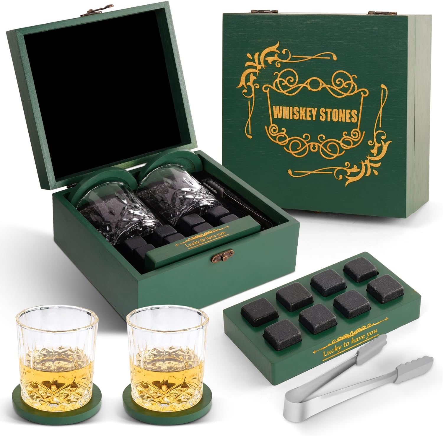 E EASTSTORMWhiskey Stones, Whiskey Glass Gift Set, Whisky Rocks Chilling Stones in Handmade Wooden Without Dilution – Whisky Glasses Set of 2, Gift for Dad, Husband, Men