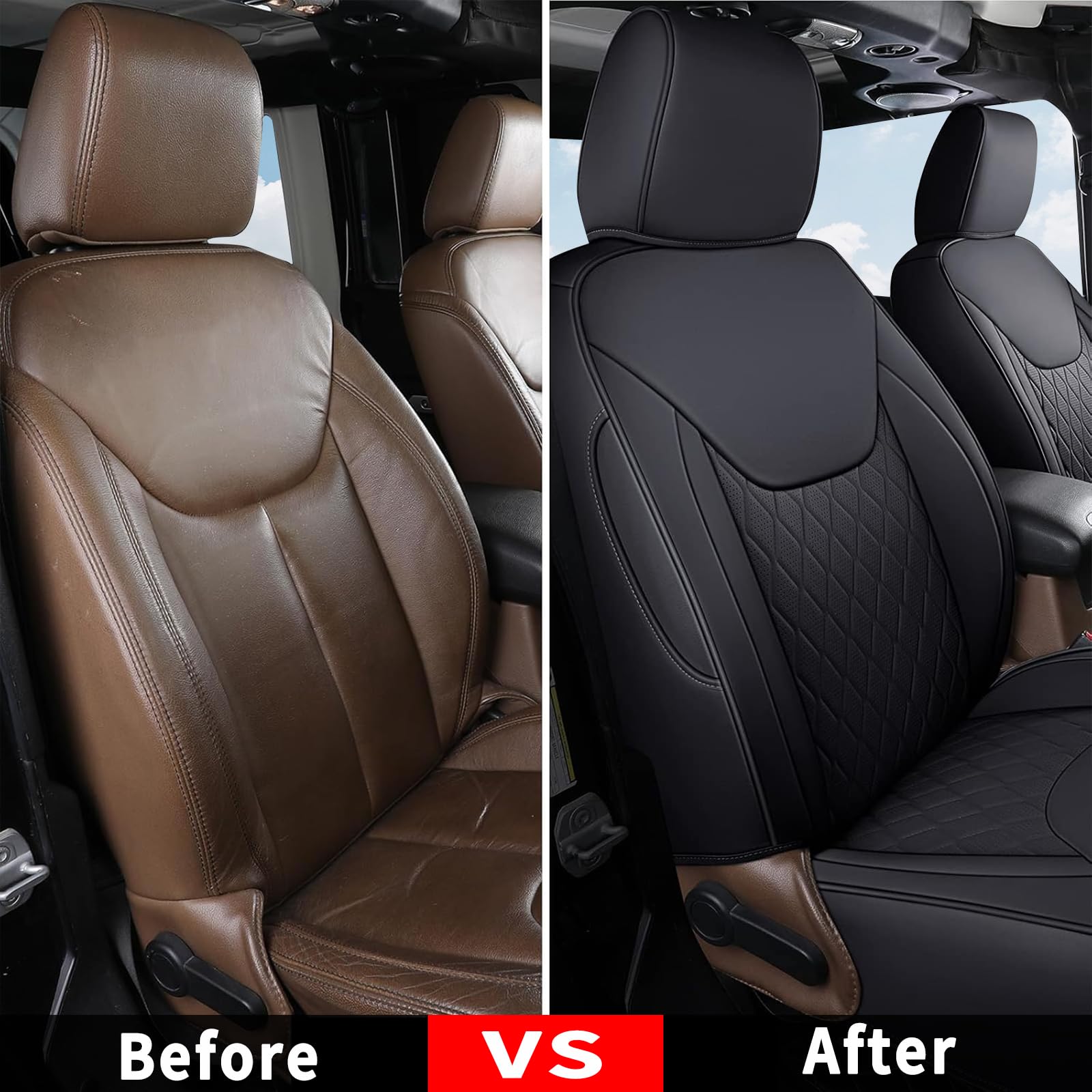 Coverado Housses de siège pour Jeep Wrangler JK – Housses de siège Avant en Cuir pour Camion Wrangler – Housses de siège personnalisées pour Jeep Wrangler 2007 à 2017 2 Portes/4 Portes (Noir)