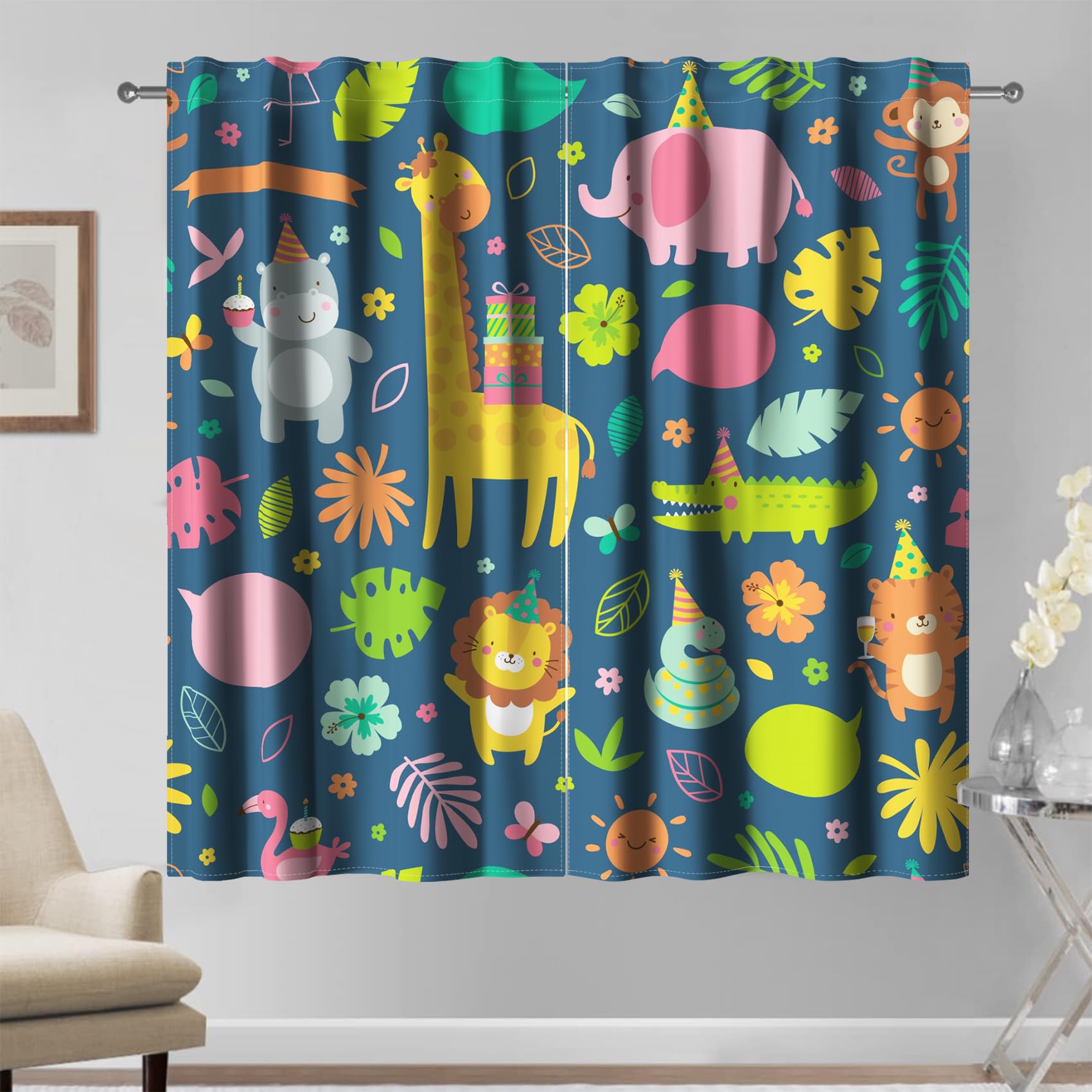 Kzzfqxb 107x215cm Kids Curtains 2 Panels, Dark Blue Animals Zoo Giraffe elephant Hippo Tiger Lion Snake Crocodile Cartoon Painting Printed Drapes for Children Boys Baby Bedroom — image 1