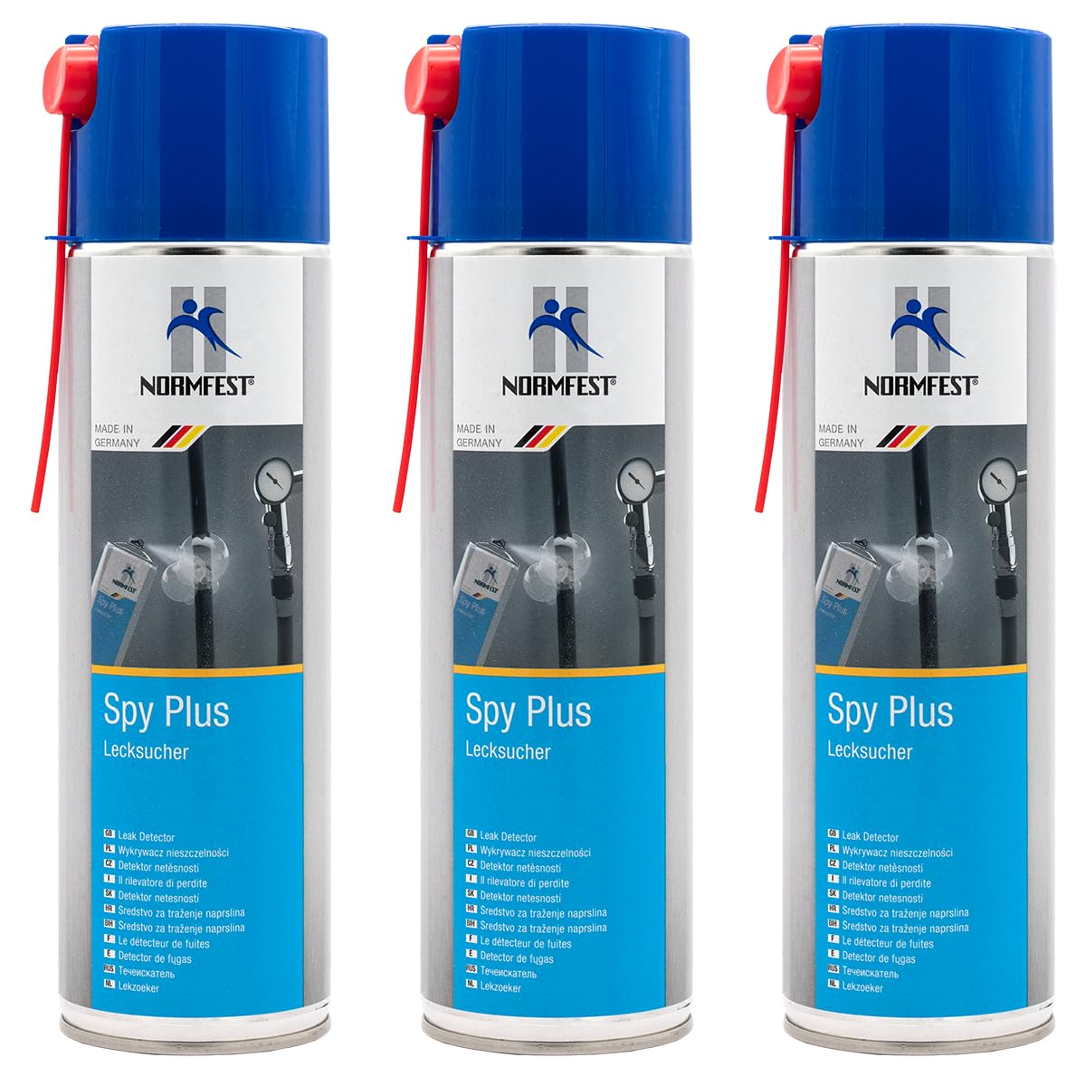 Normfest Lecksucher Spy Plus – Prüfspray zur schnellen und sicheren Lecksuche an Druckluft-, Gas- und Pneumatikanlagen, Nicht brennbar & lösungsmittelfrei, 3X 400ml