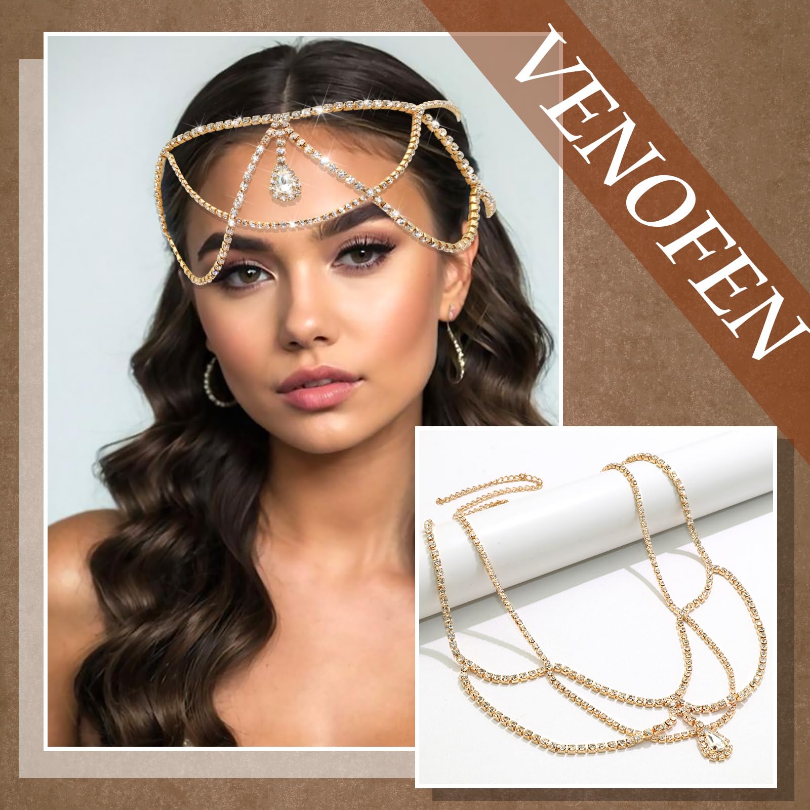 New large gold rhinestone cluster headpiece with 2 bobby pins Amazon.com: VENOFEN Rhinestone Head Chain Jewelry Double  main image 3