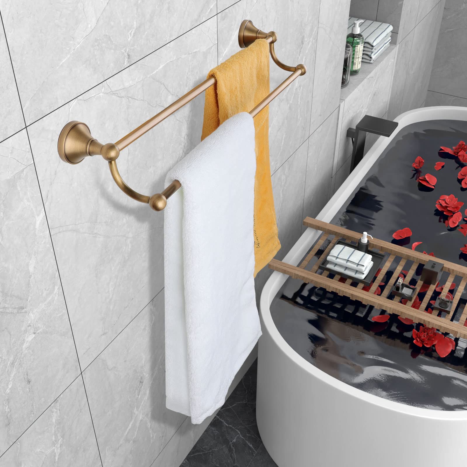 Toalleros de Baño con Taladro, 60 cm Toallero de Latón Montado en La Pared, Toallero con Montaje Doble Requiere Taladrar, Antioxidante y Resistente a los Arañazos, Apto para Baño y Cocina