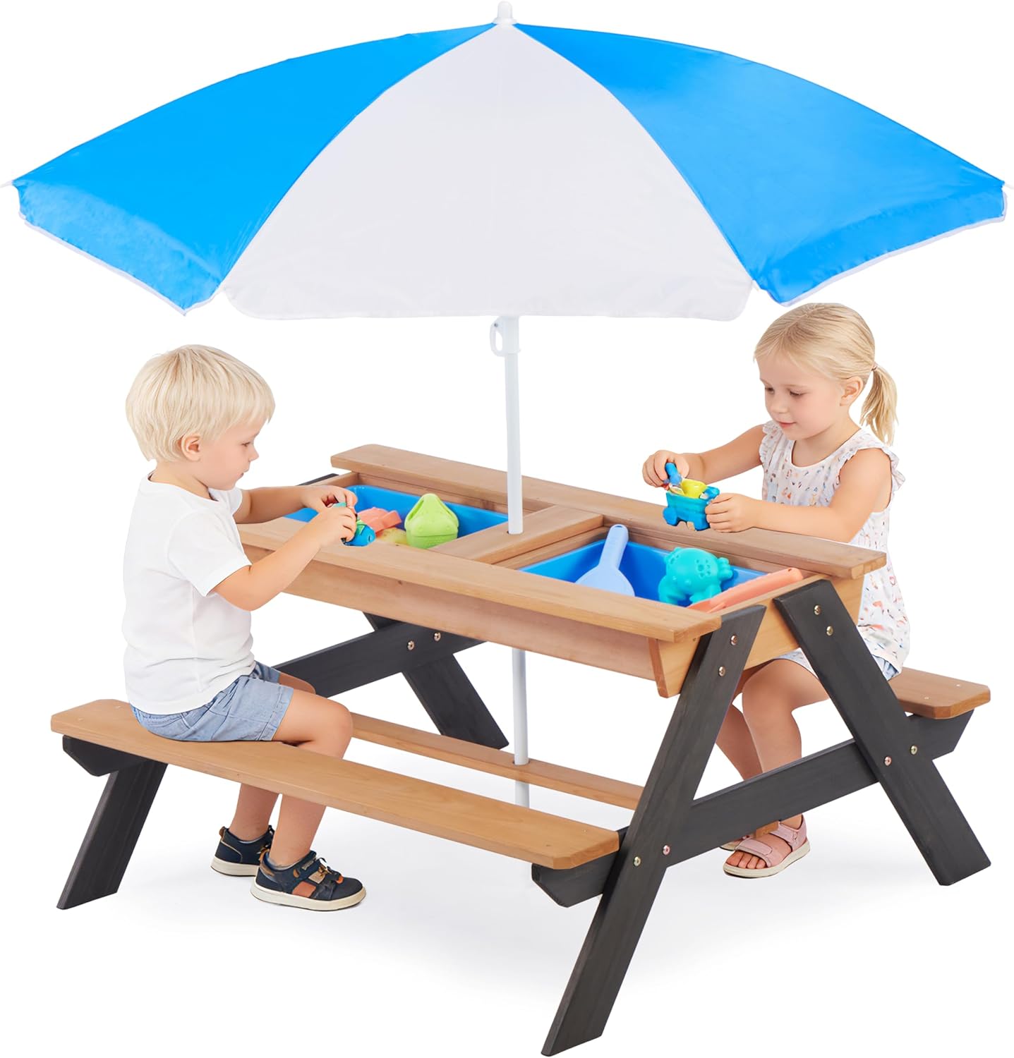 SoliWood Kids Picnic Table with Umbrella, 3-in-1 Outdoor Wooden Convertible Sand & Water Table for Toddlers, Removable Top, Seats 4