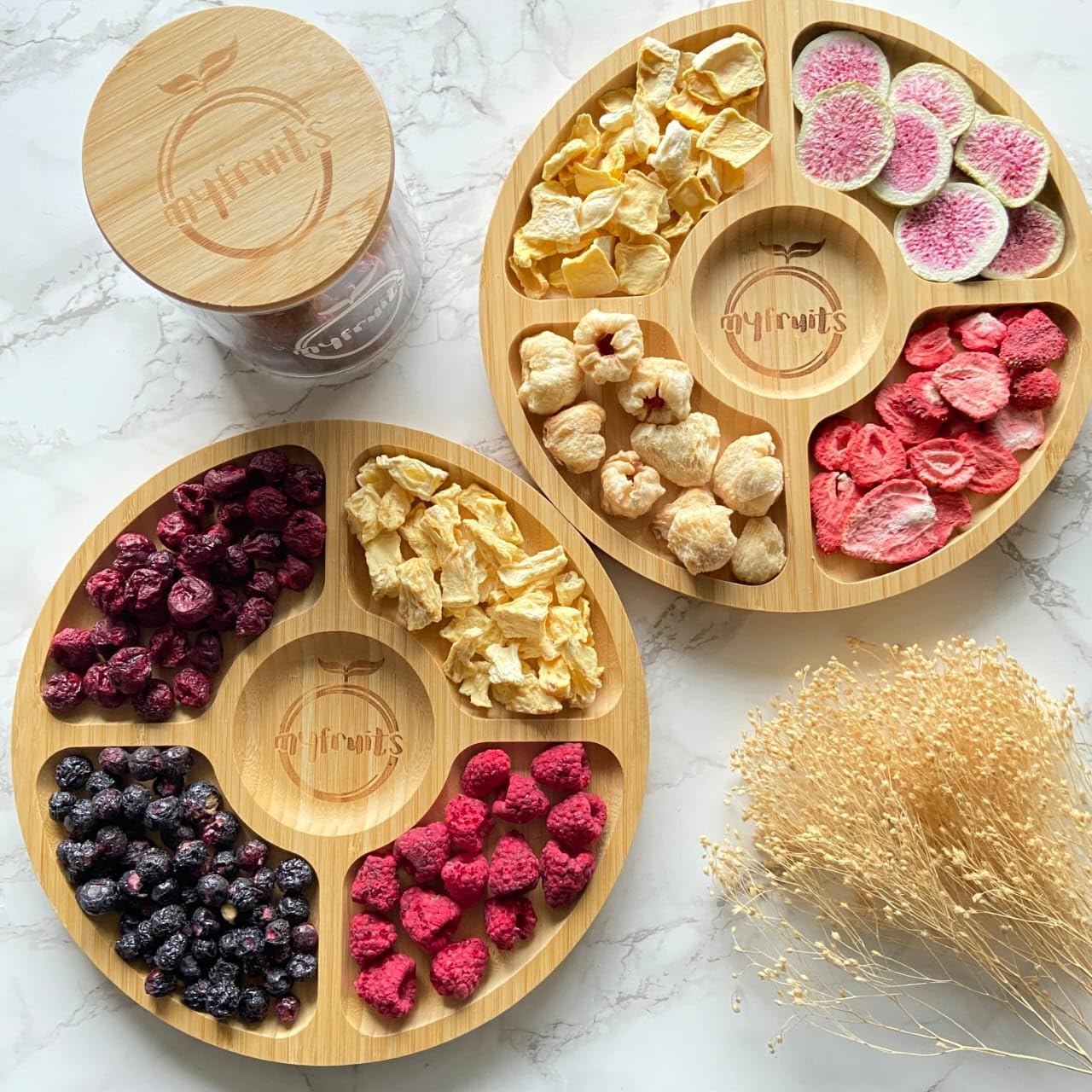 myfruits Bambus Snackteller Set, 25 cm Durchmesser, 6 Stück, Runde Servierteller mit 4 Fächern, Naturholz