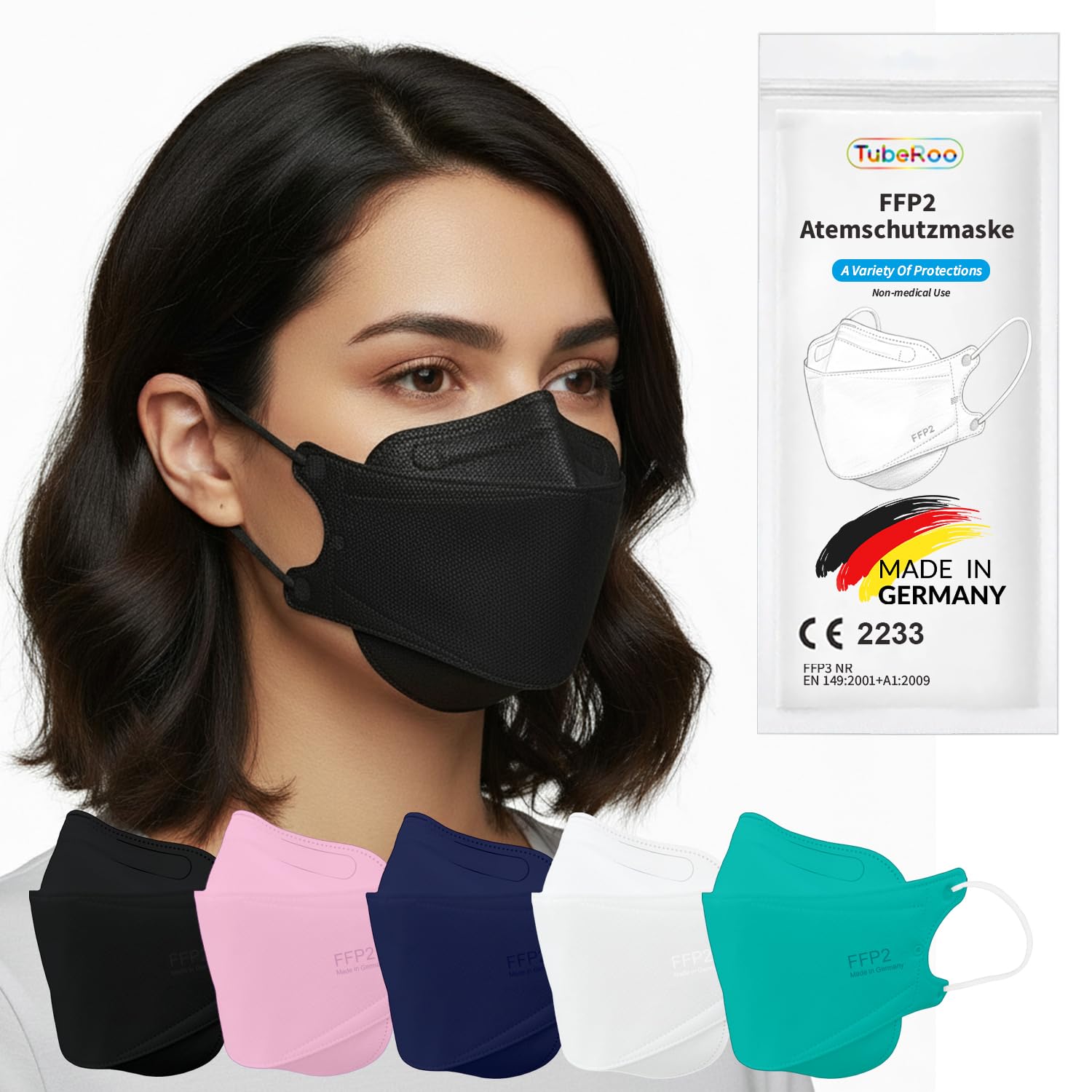 TubeRoo FFP2 Maske innen und außen schwarz Fischform, 5 Stück Masken aus Deutschland, Made in Germany, Ohrschlaufen, Atemschutzmaske, Mundschutz